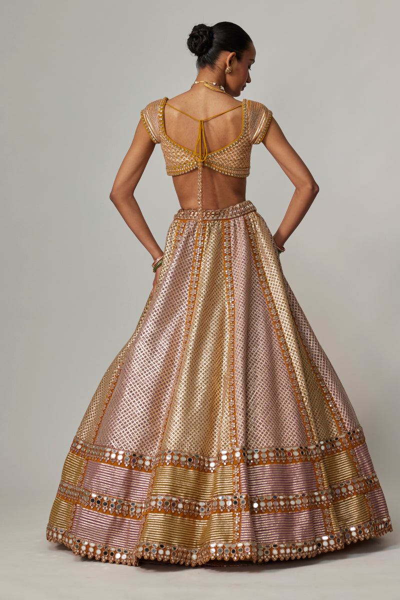 MUSTARD MULTICOLOR HEAVY METALLIC LEHENGA WITH MUD MAUVE DUPATTA
