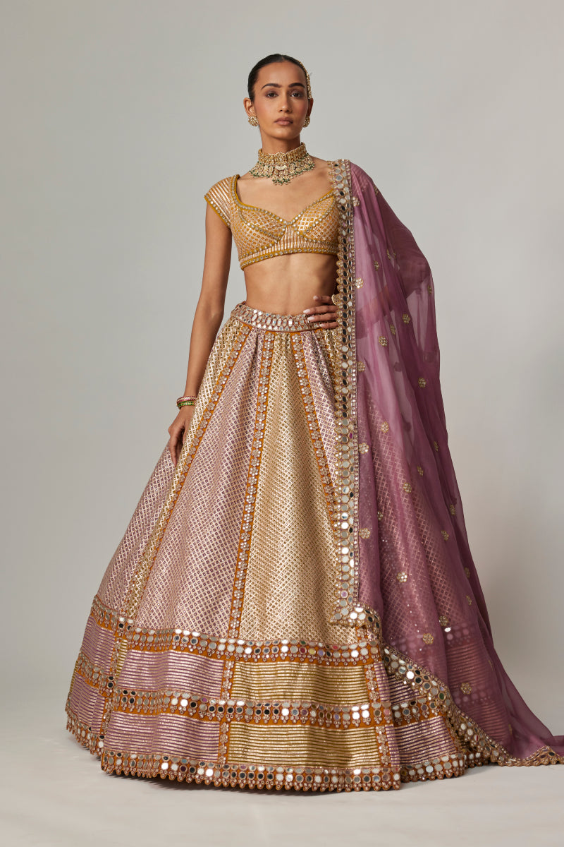 MUSTARD MULTICOLOR HEAVY METALLIC LEHENGA WITH MUD MAUVE DUPATTA