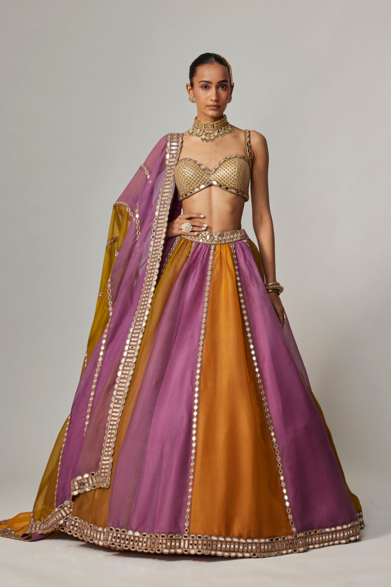 MUSTARD MULTICOLOR LINEAR LEHENGA WITH SWEETHEART NECK BLOUSE