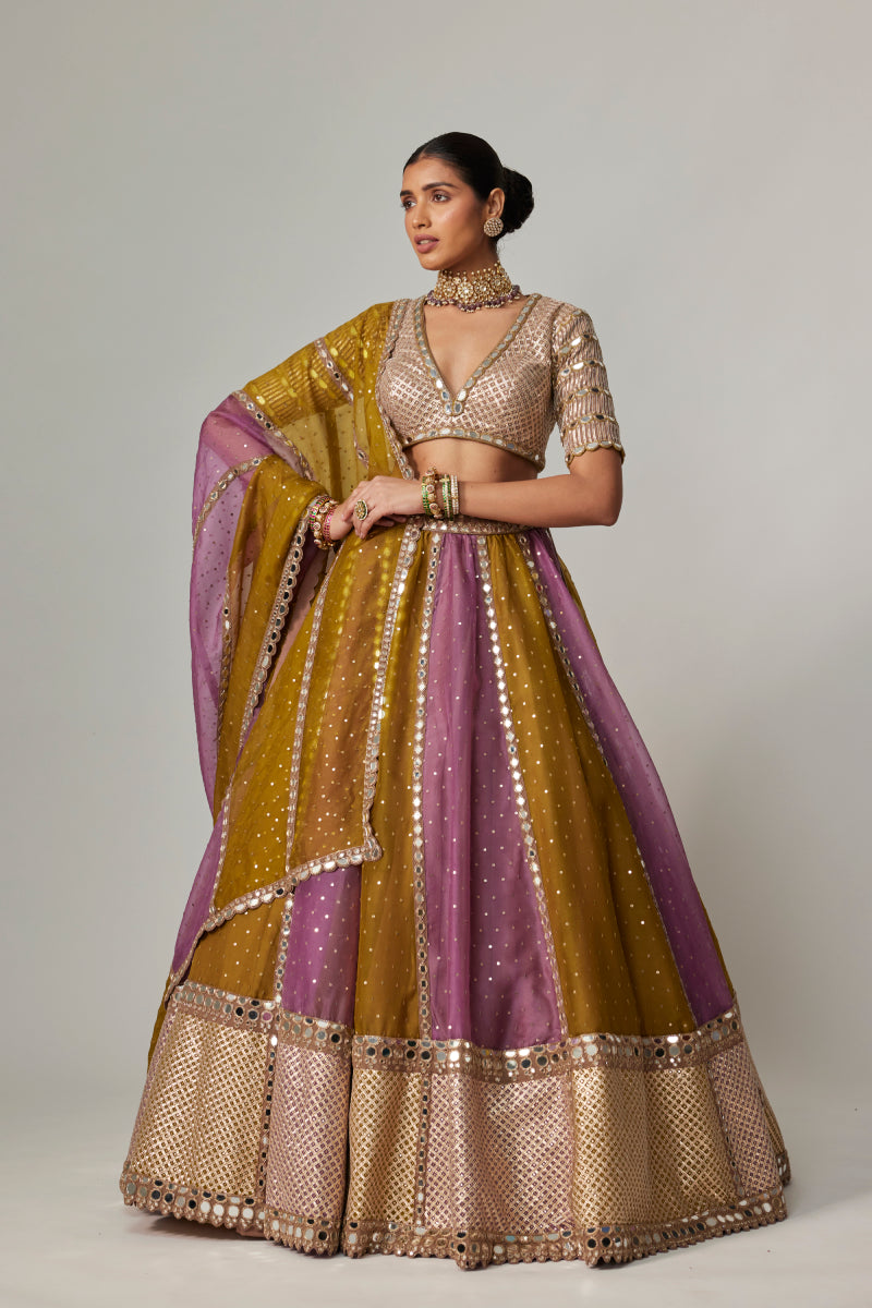 GREEN MULTICOLOR SEQUIN SCATTER LEHENGA WITH V NECK ELBOW SLEEVE BLOUSE