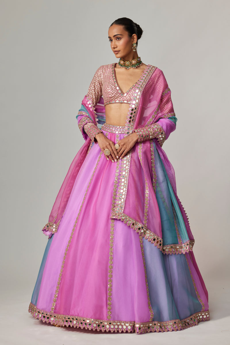 MAUVE MULTICOLOR LINEAR LEHENGA WITH V NECK BLOUSE