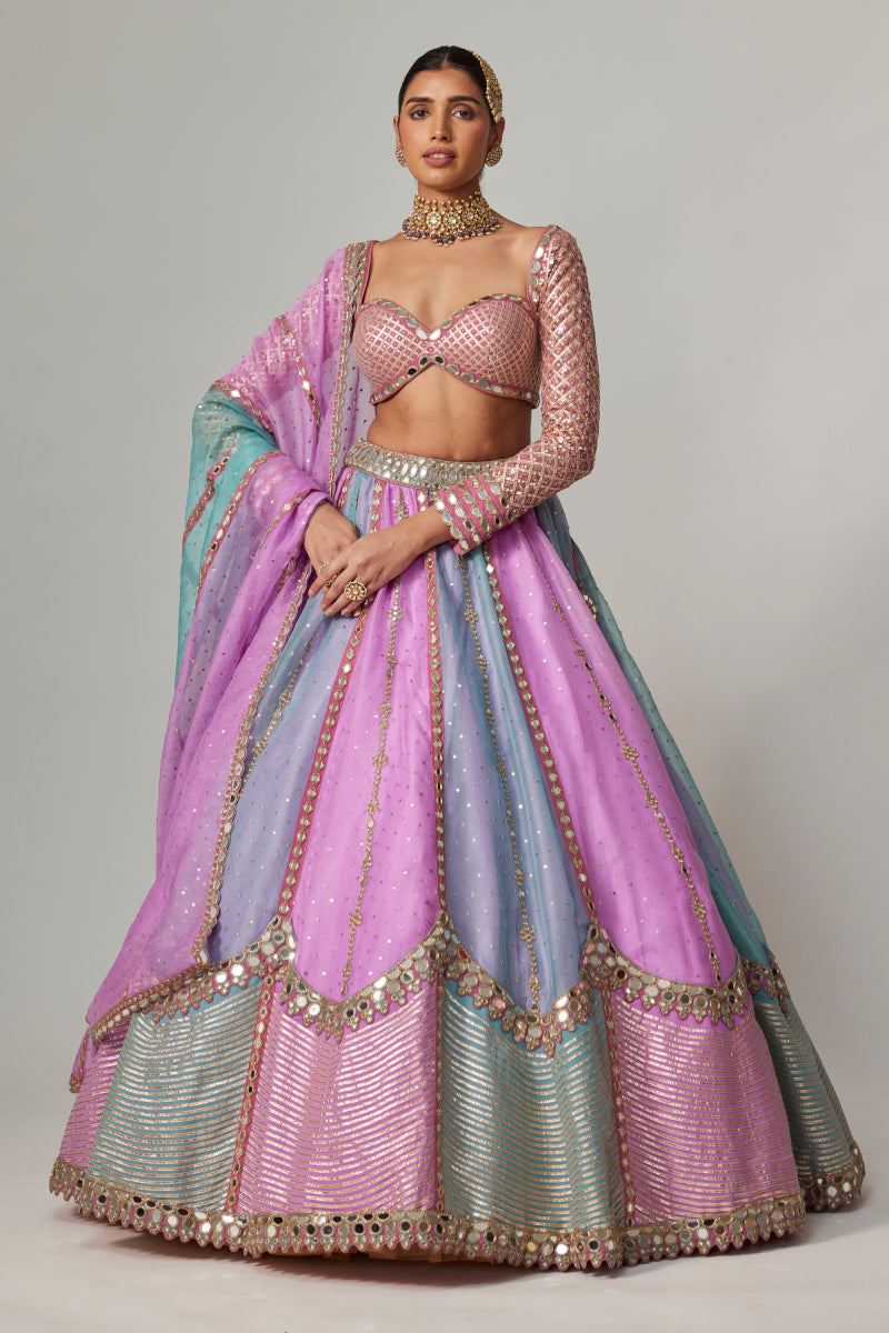 MAUVE MULTICOLOR SEQUIN SCATTERED LEHENGA WITH SWEETHEART FULL SLEEVE BLOUSE