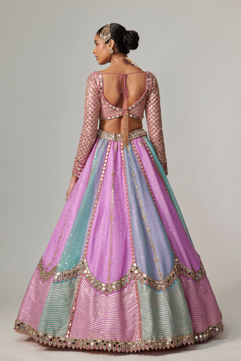 MAUVE MULTICOLOR SEQUIN SCATTERED LEHENGA WITH SWEETHEART FULL SLEEVE BLOUSE