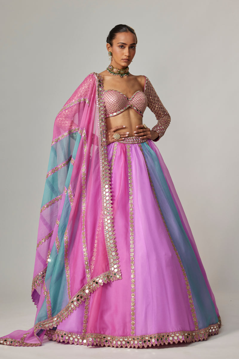 MAUVE MULTICOLOR LINEAR LEHENGA WITH SWEETHEART FULL SLEEVE BLOUSE