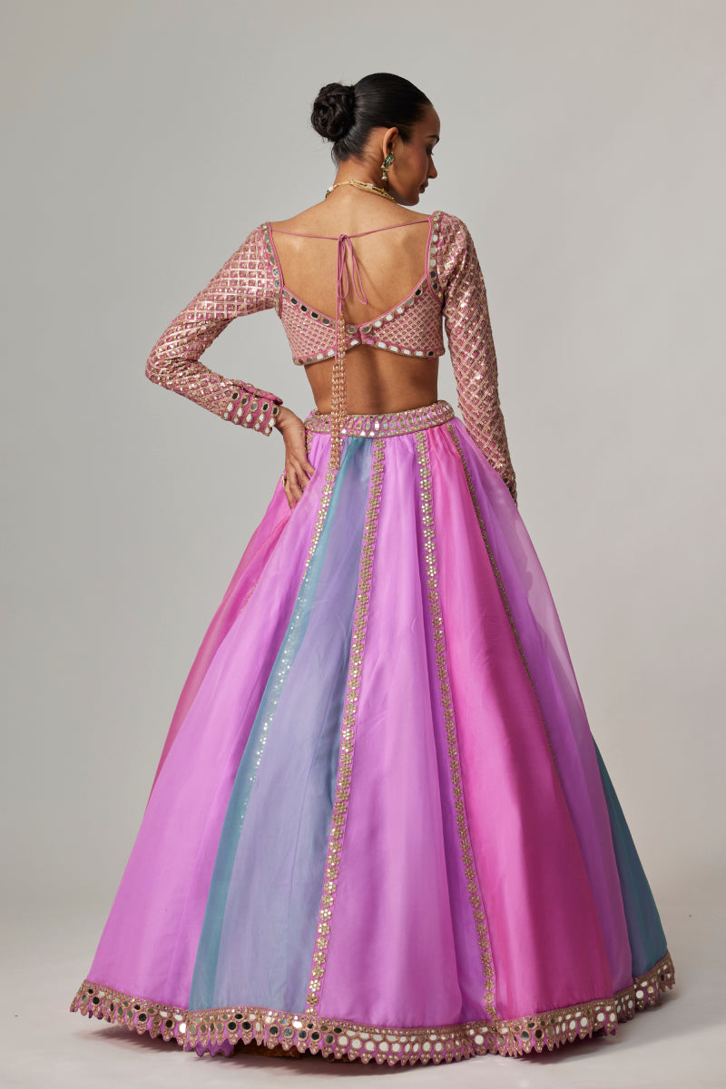 MAUVE MULTICOLOR LINEAR LEHENGA WITH SWEETHEART FULL SLEEVE BLOUSE