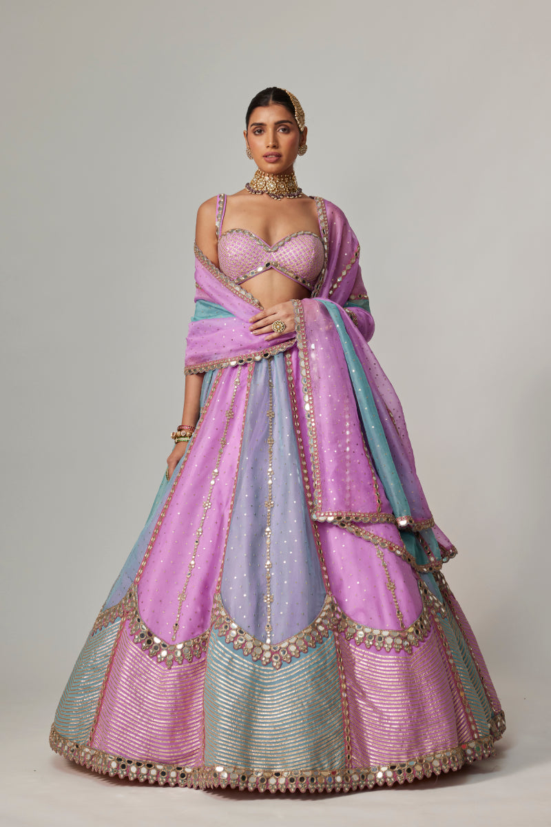 MAUVE MULTICOLOR SEQUIN SCATTERED LEHENGA WITH SWEETHEART NECK BLOUSE