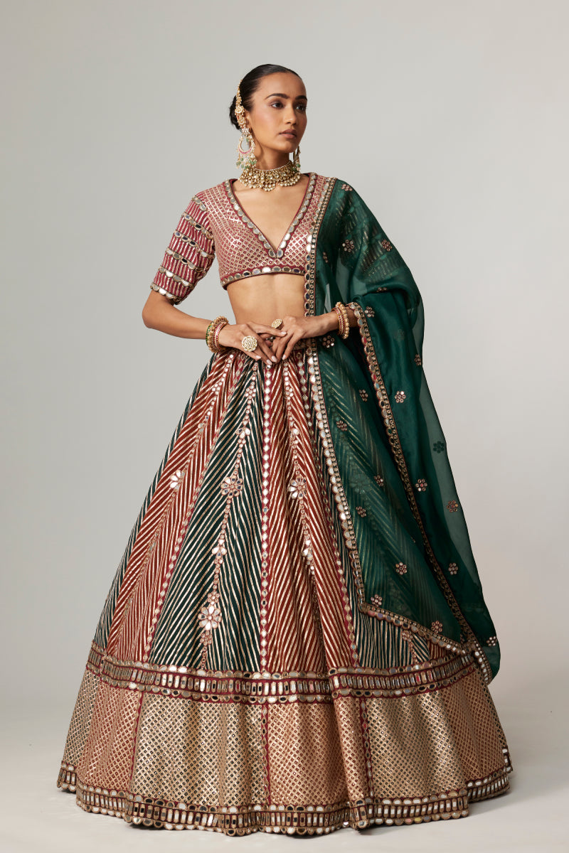 CRANBERRY MULTICOLOR LINEAR FLOWER LEHENGA SET WITH JADE GREEN DUPATTA