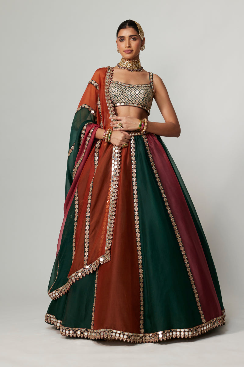 CRANBERRY MULTICOLOR LINEAR LEHENGA WITH SQUARE NECK BLOUSE
