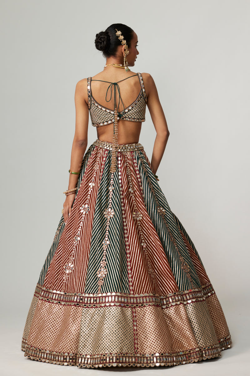 CRANBERRY MULTICOLOR LINEAR FLOWER LEHENGA SET WITH SQUARE NECK BLOUSE