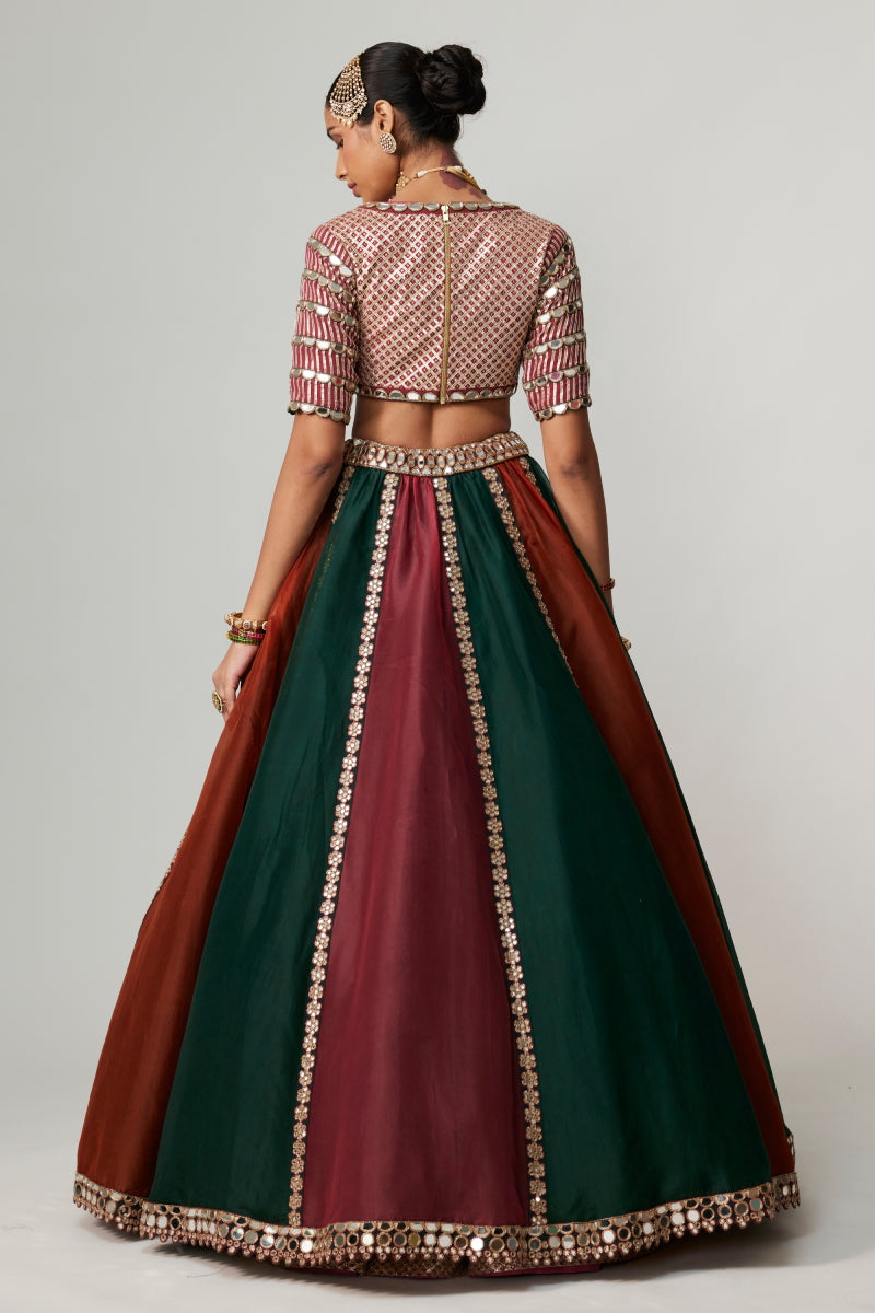 CRANBERRY MULTICOLOR LINEAR LEHENGA WITH V NECK BLOUSE