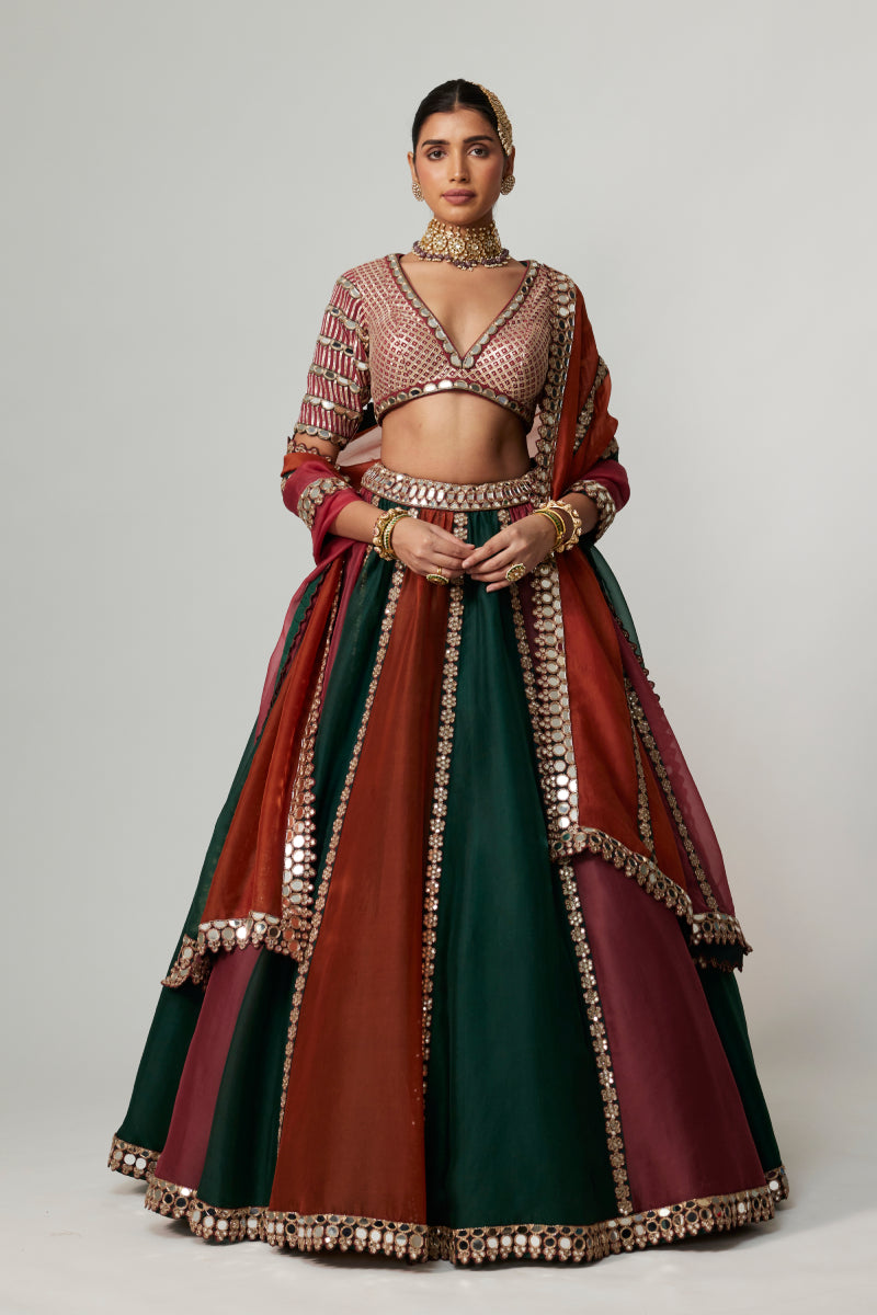 CRANBERRY MULTICOLOR LINEAR LEHENGA WITH V NECK BLOUSE