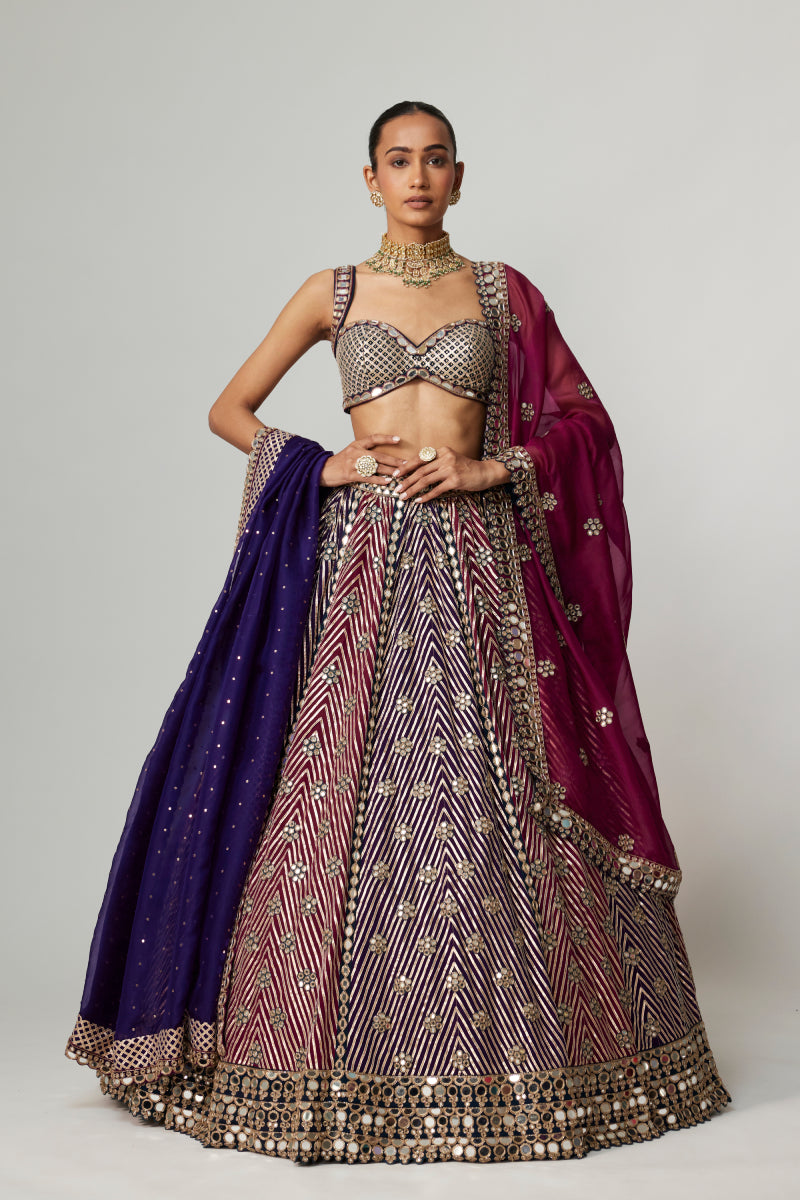TEAL WINE MULTICOLOR LEHENGA SET WITH DOUBLE DUPATTA
