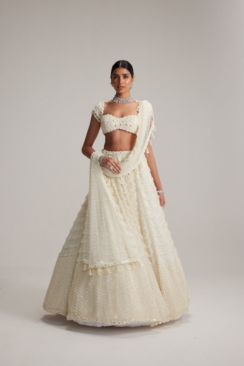 Off White Mirror and Pearl Drop Bridal lehenga set
