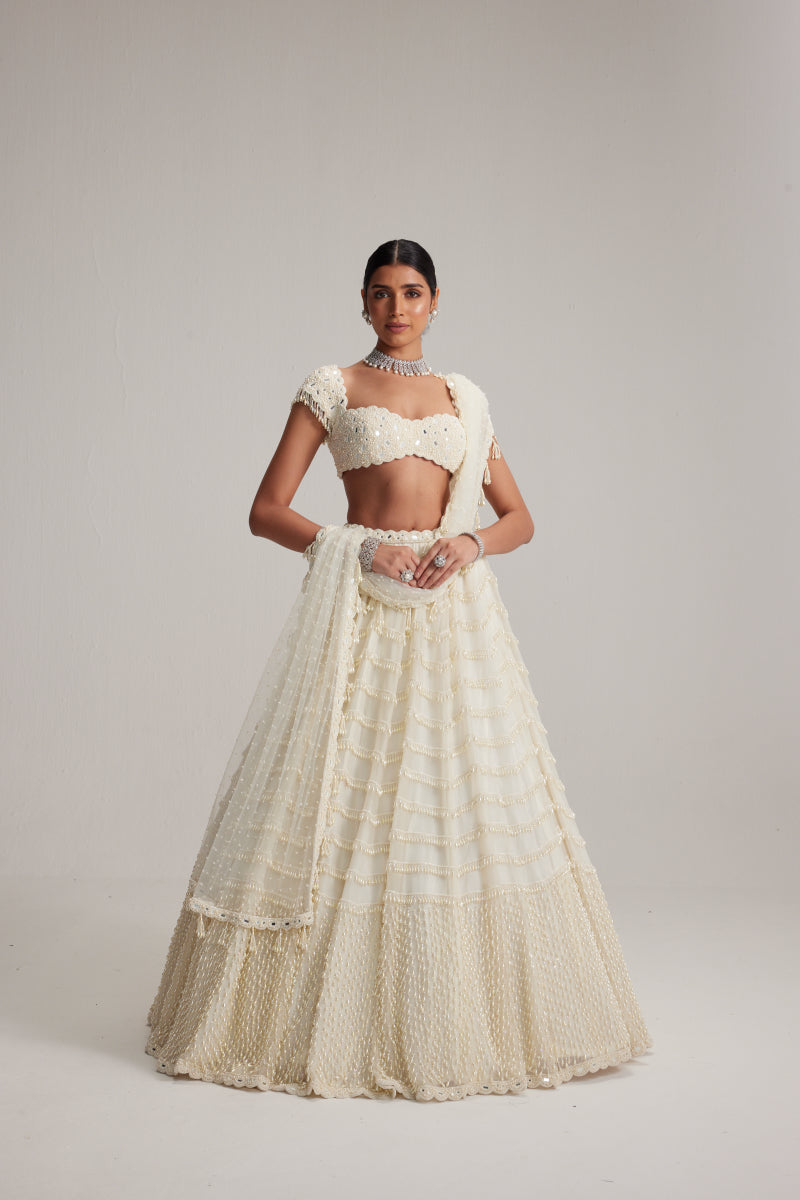 Off White Mirror and Pearl Drop Bridal lehenga set