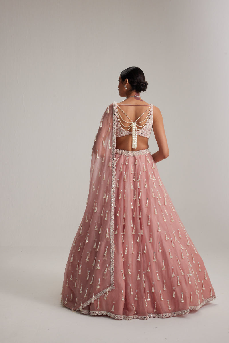 Dusty Rose Organza Long pearl tassels lehenga set