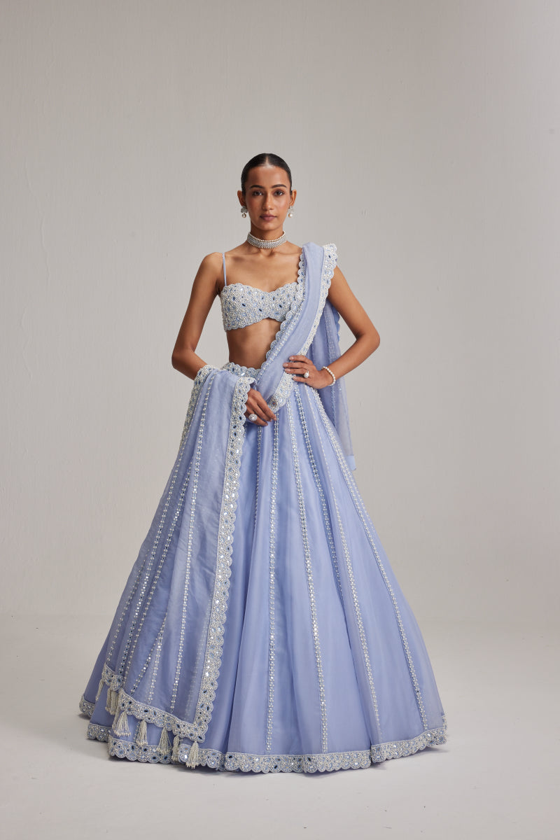 Dew Blue linear Mirror Organza Lehenga Set