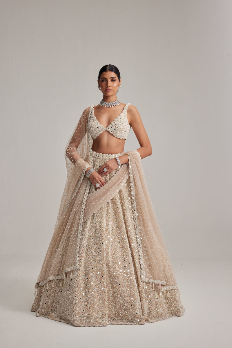 Light Beige Dense mirror and pearl lehenga set with Double Dupatta and Veil