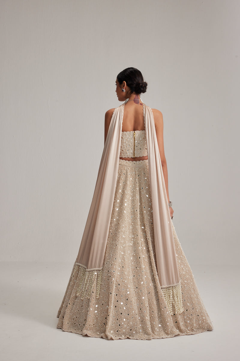 Light Beige mirror and pearl Corset lehenga set With Stole