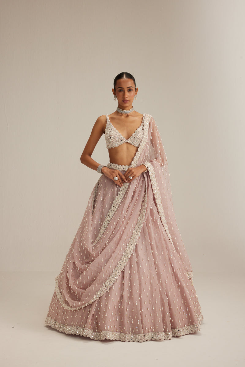 Ash Pink Pearl Drop Organza Lehenga Set