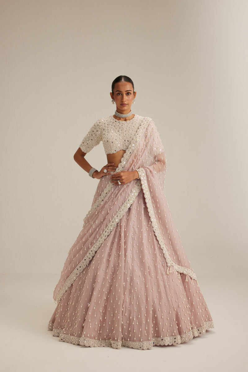 Ash Pink Pearl Drop Lehenga with high neck blouse