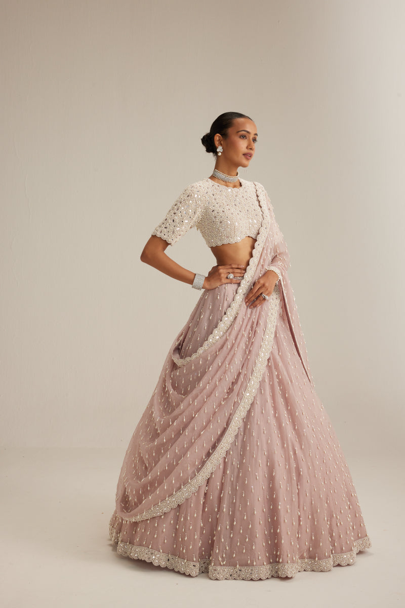 Ash Pink Pearl Drop Lehenga with high neck blouse