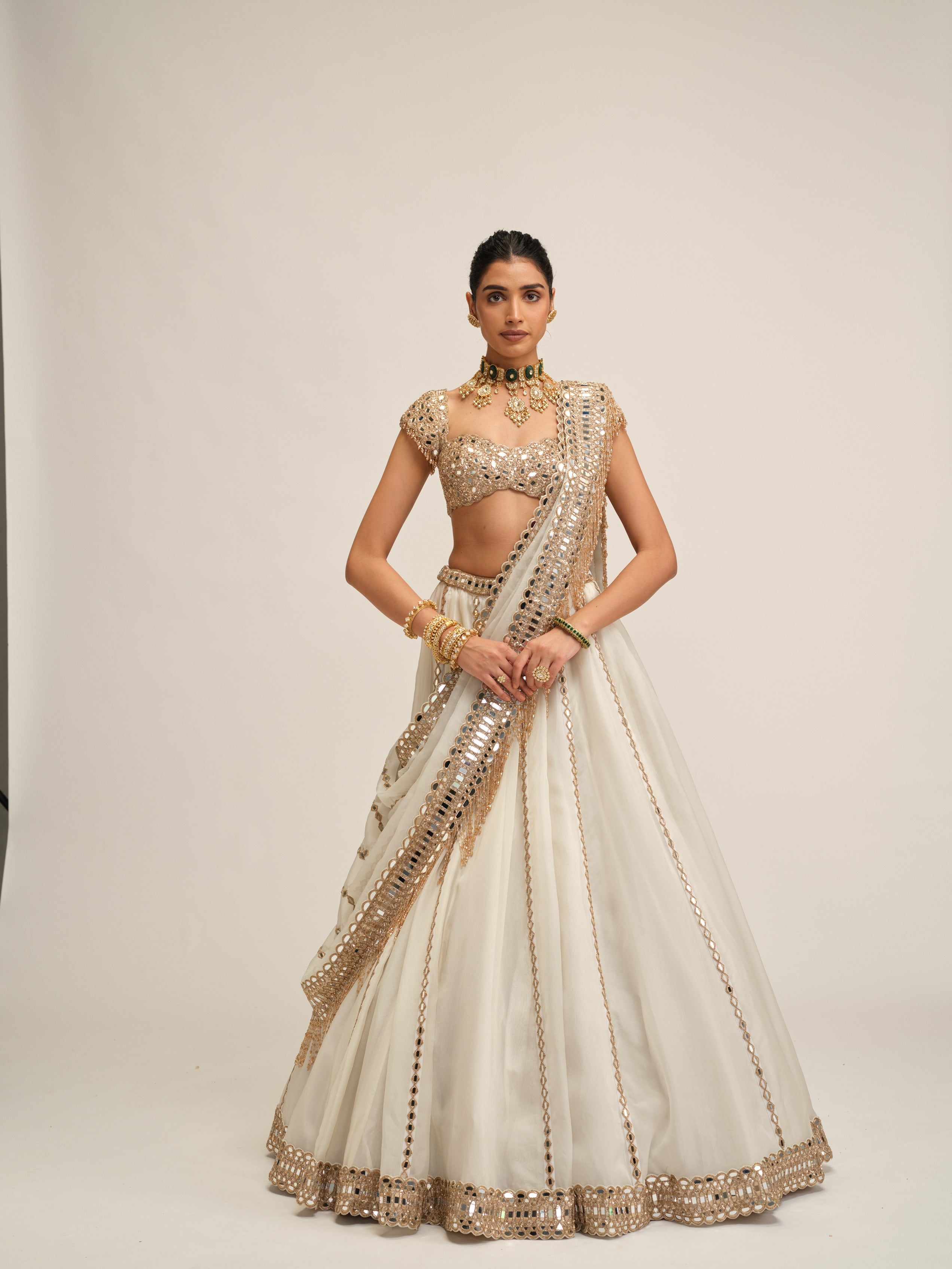 Off White Linear Lehenga Set