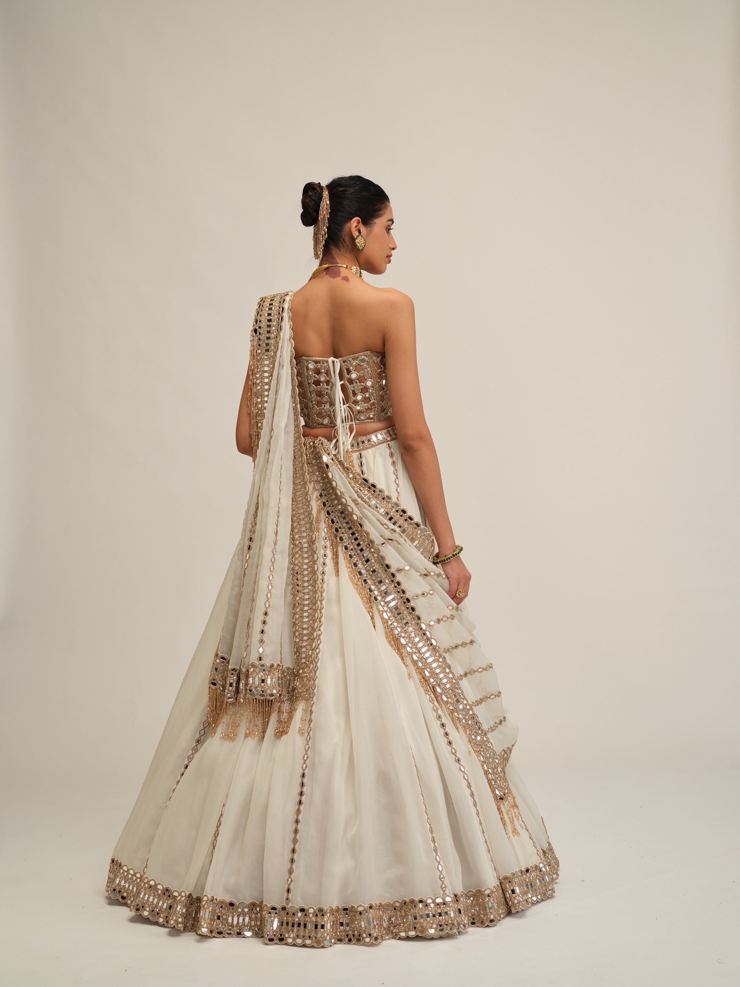 Off White Linear Lehenga With Corset Set