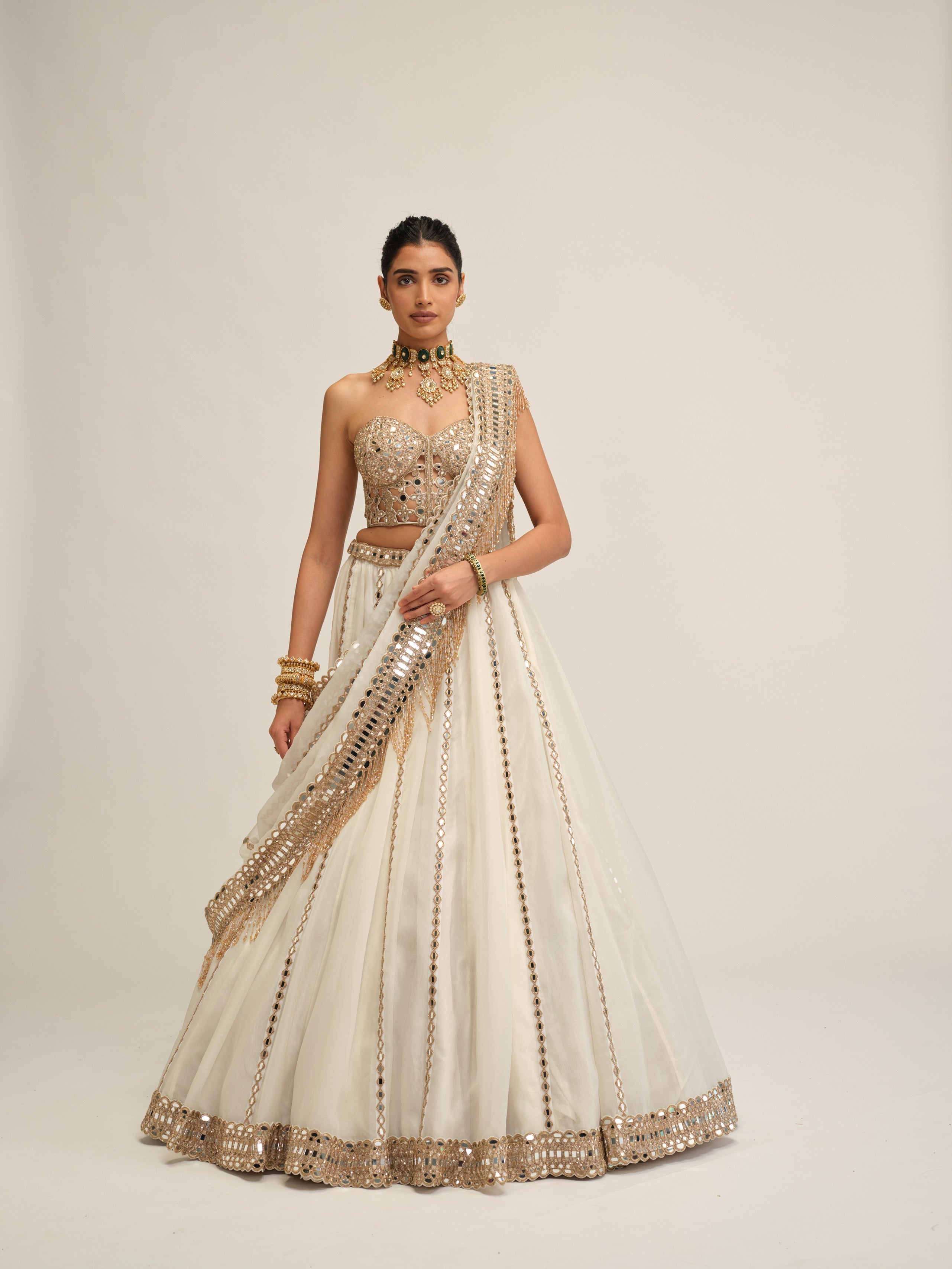 Off White Linear Lehenga With Corset Set