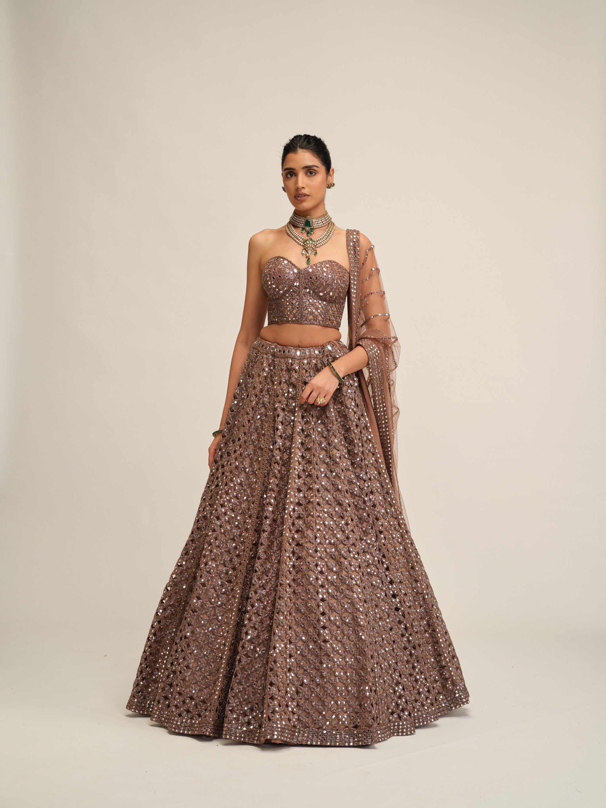 Deep Beige Flower Cutwork Lehenga Set