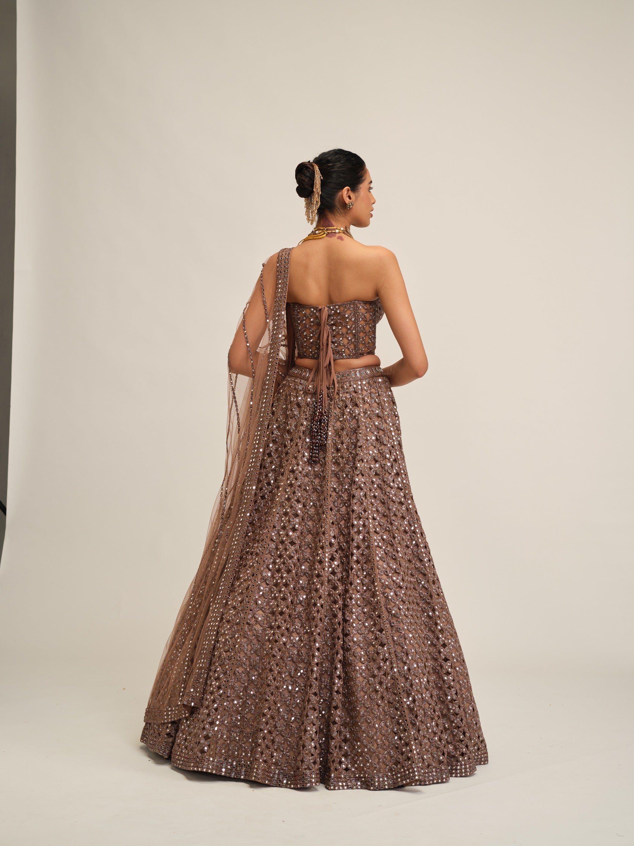 Deep Beige Flower Cutwork Lehenga Set