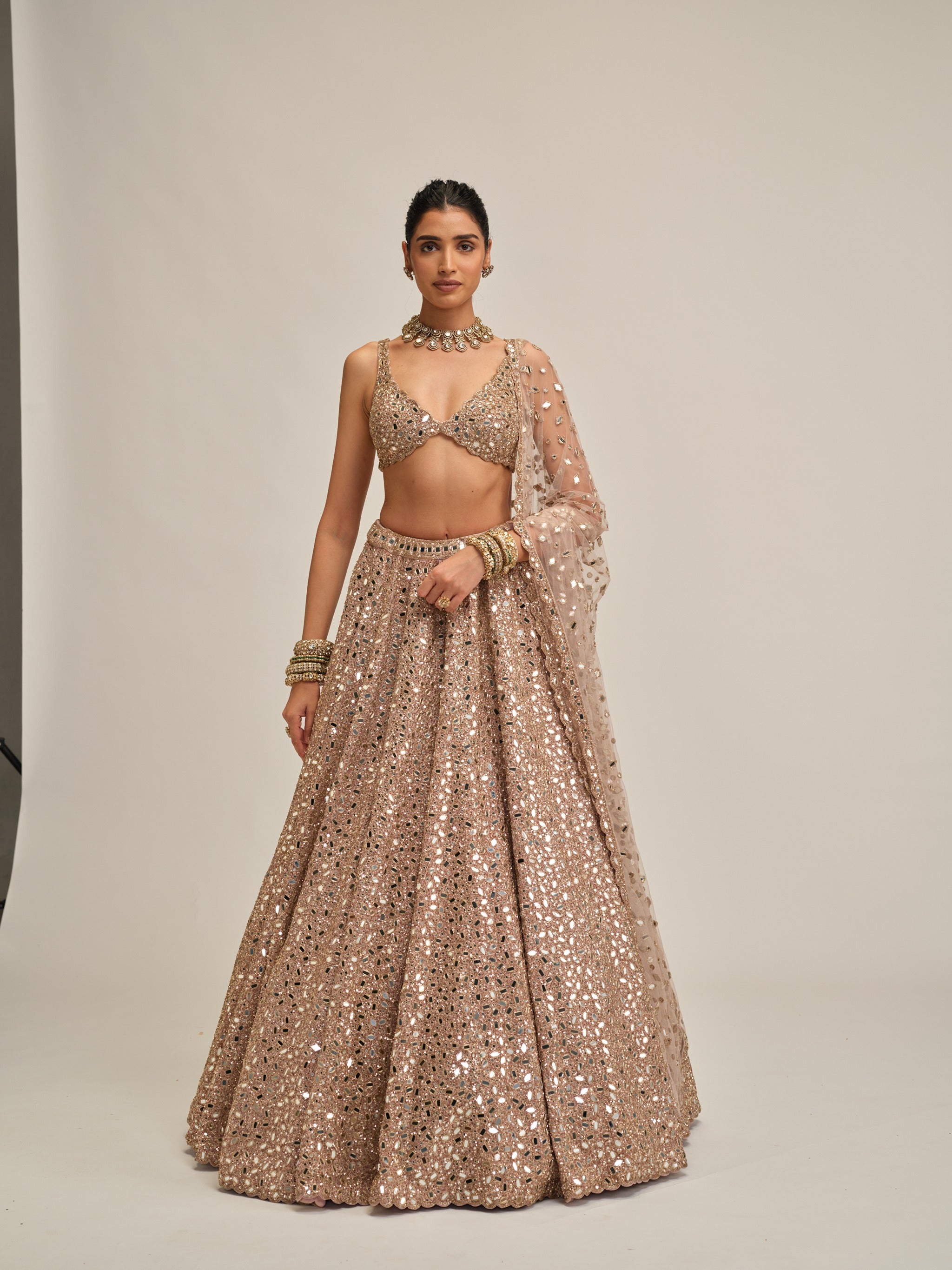 Ash Pink Mirror Embroidered Lehenga Set