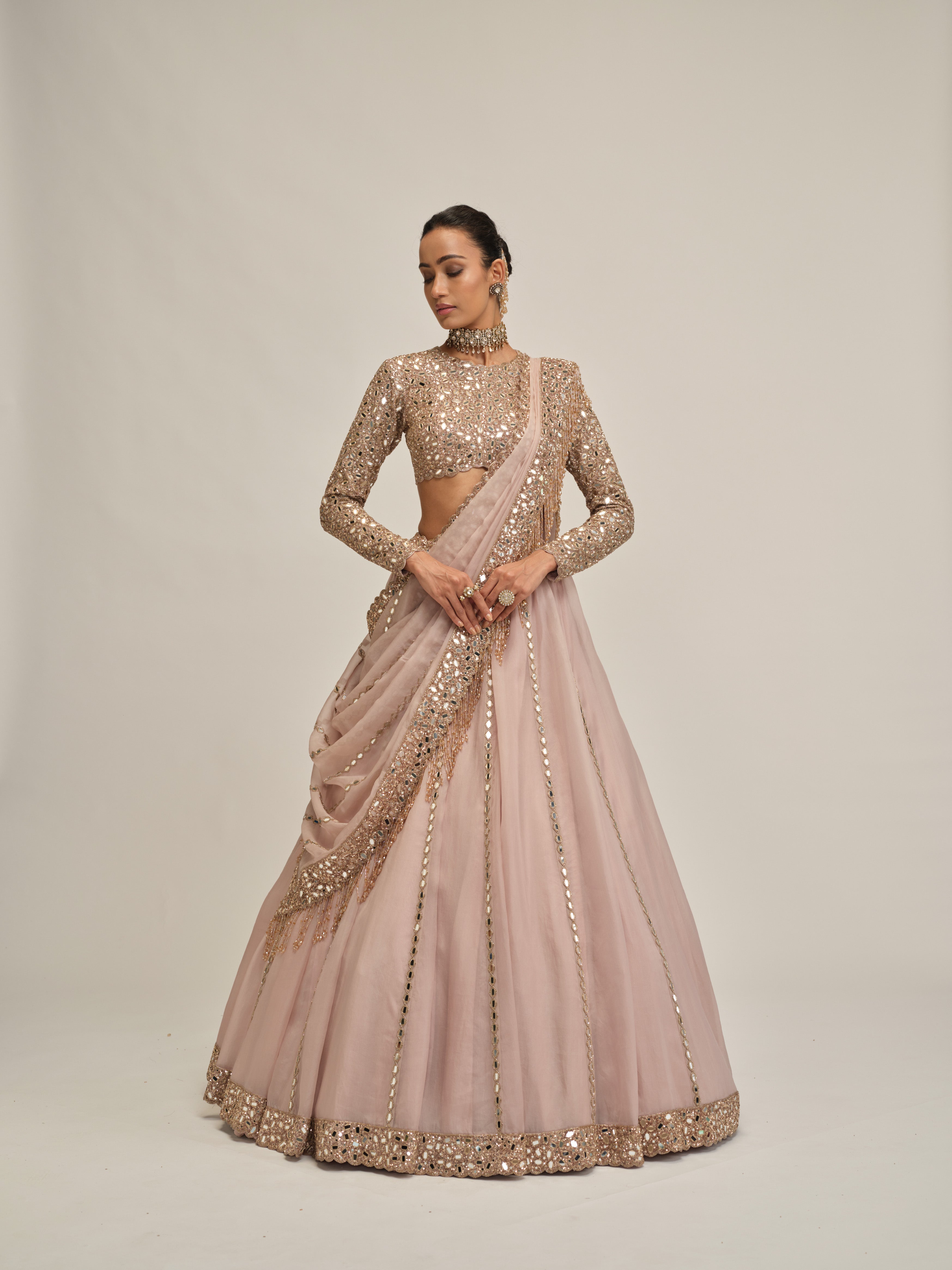 Ash Pink Full Sleeve Lehenga Set