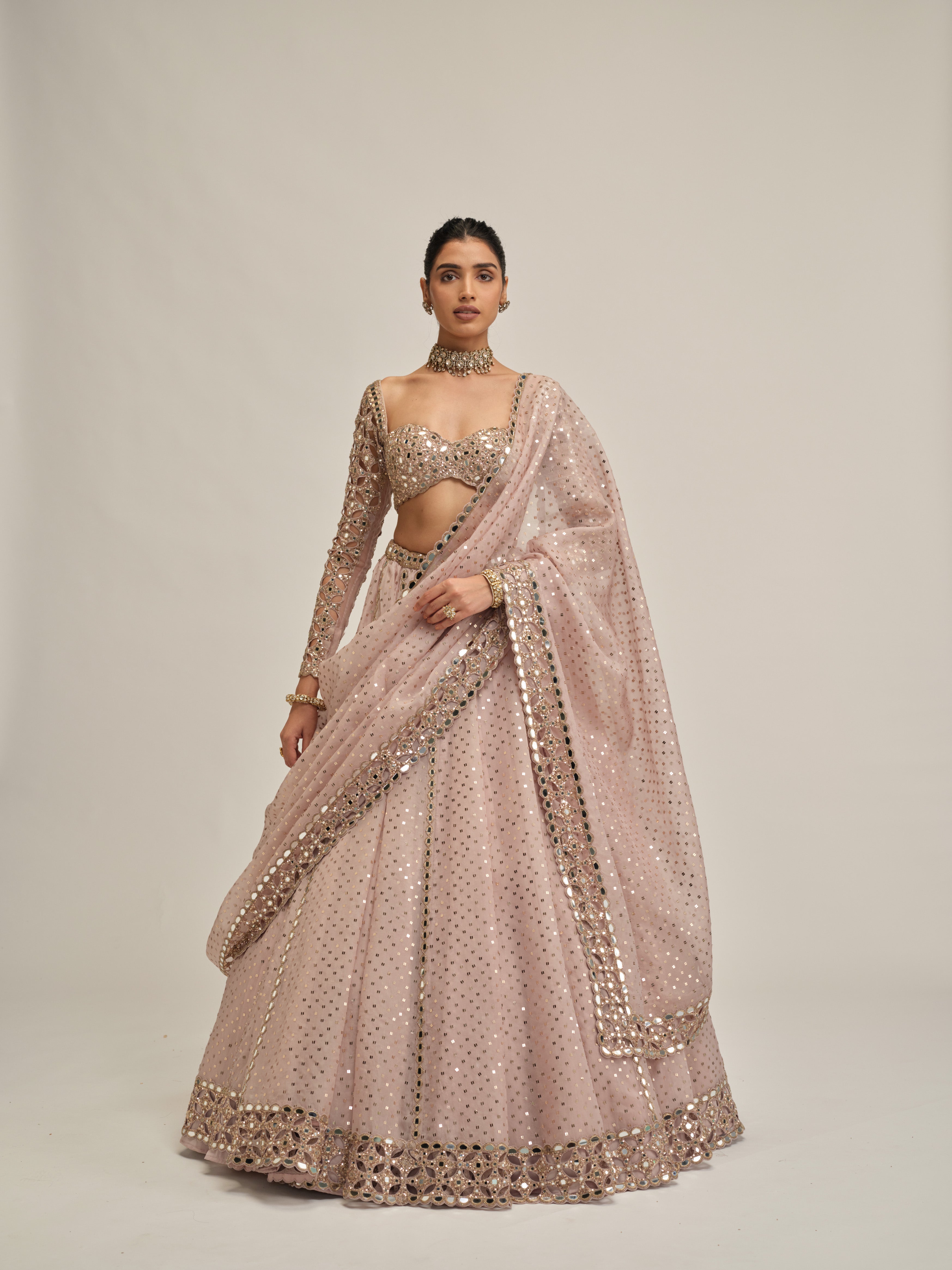 Ash Pink Cutwork Sleeve Lehenga Set