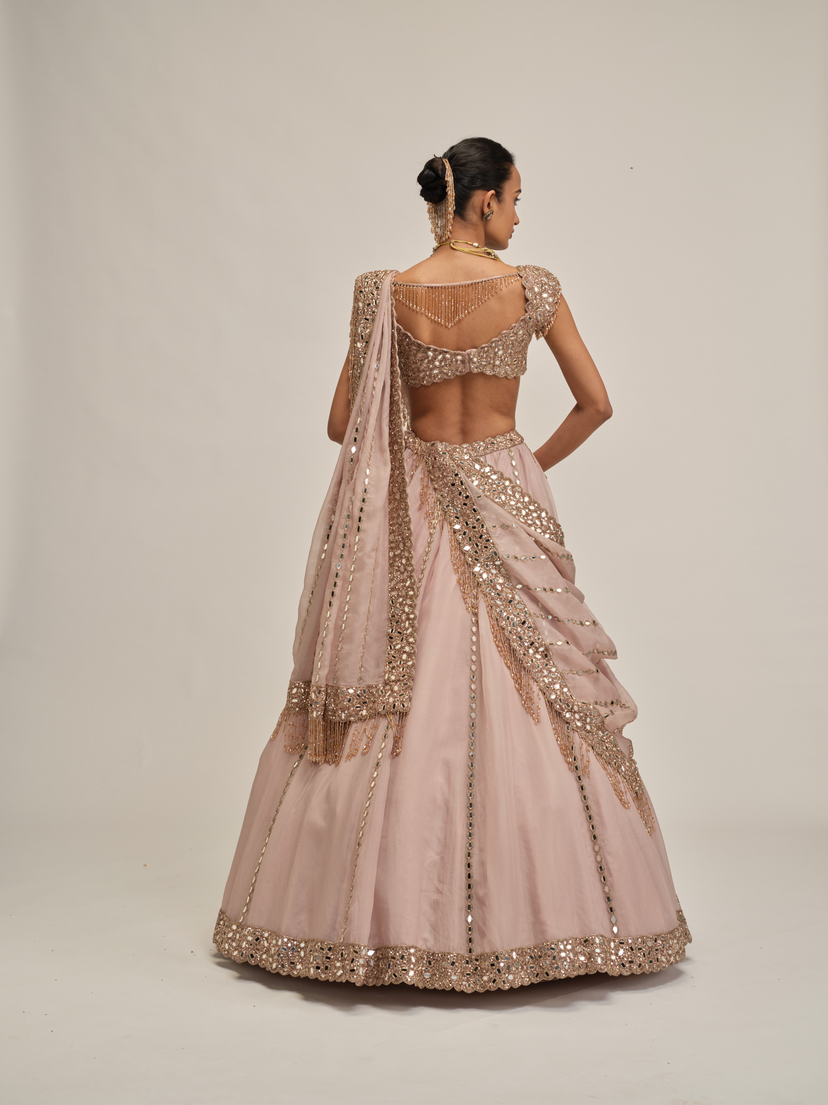 Ash Pink Mirror Linear Embroidered Lehenga Set
