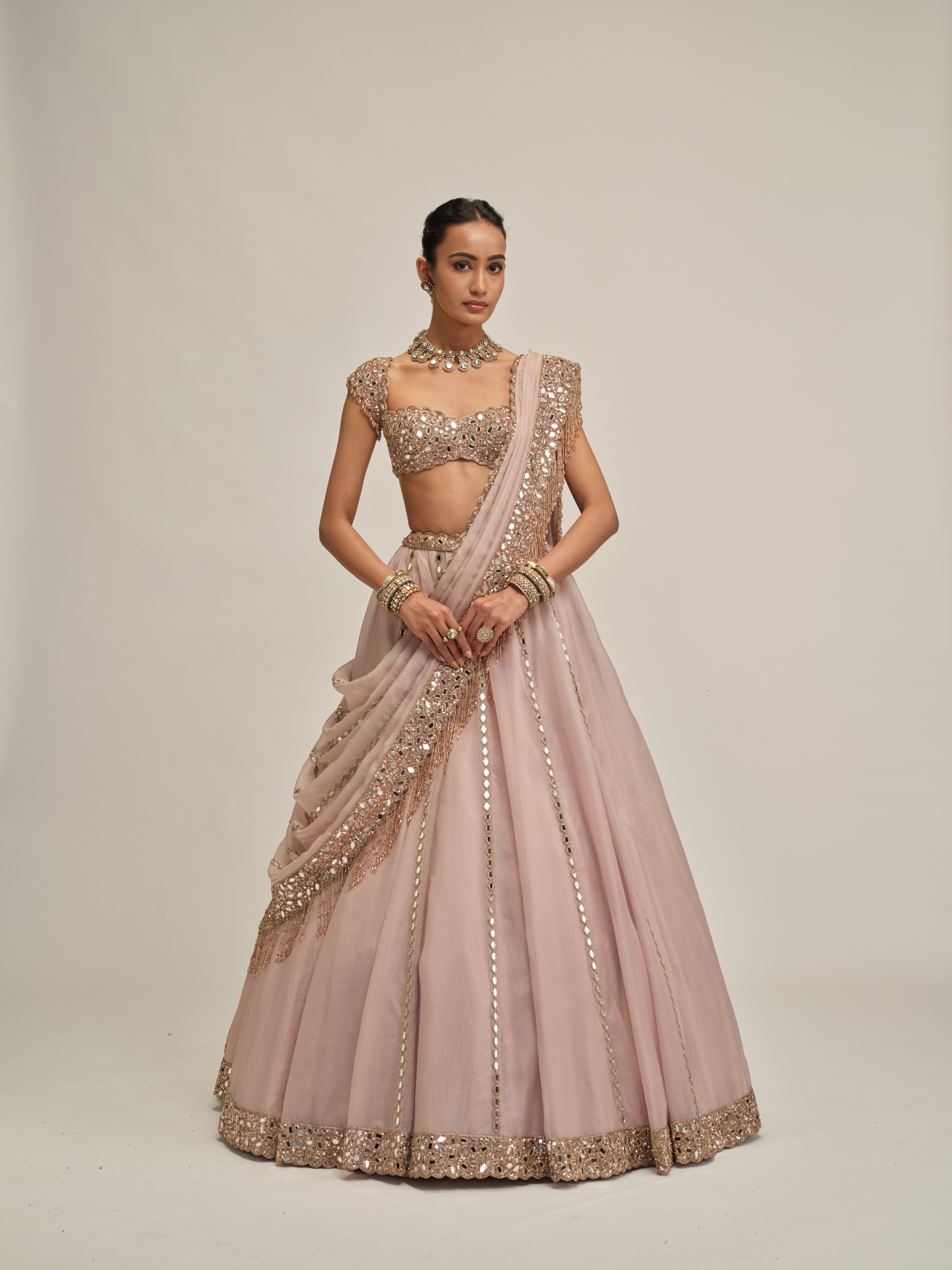 Ash Pink Mirror Linear Embroidered Lehenga Set