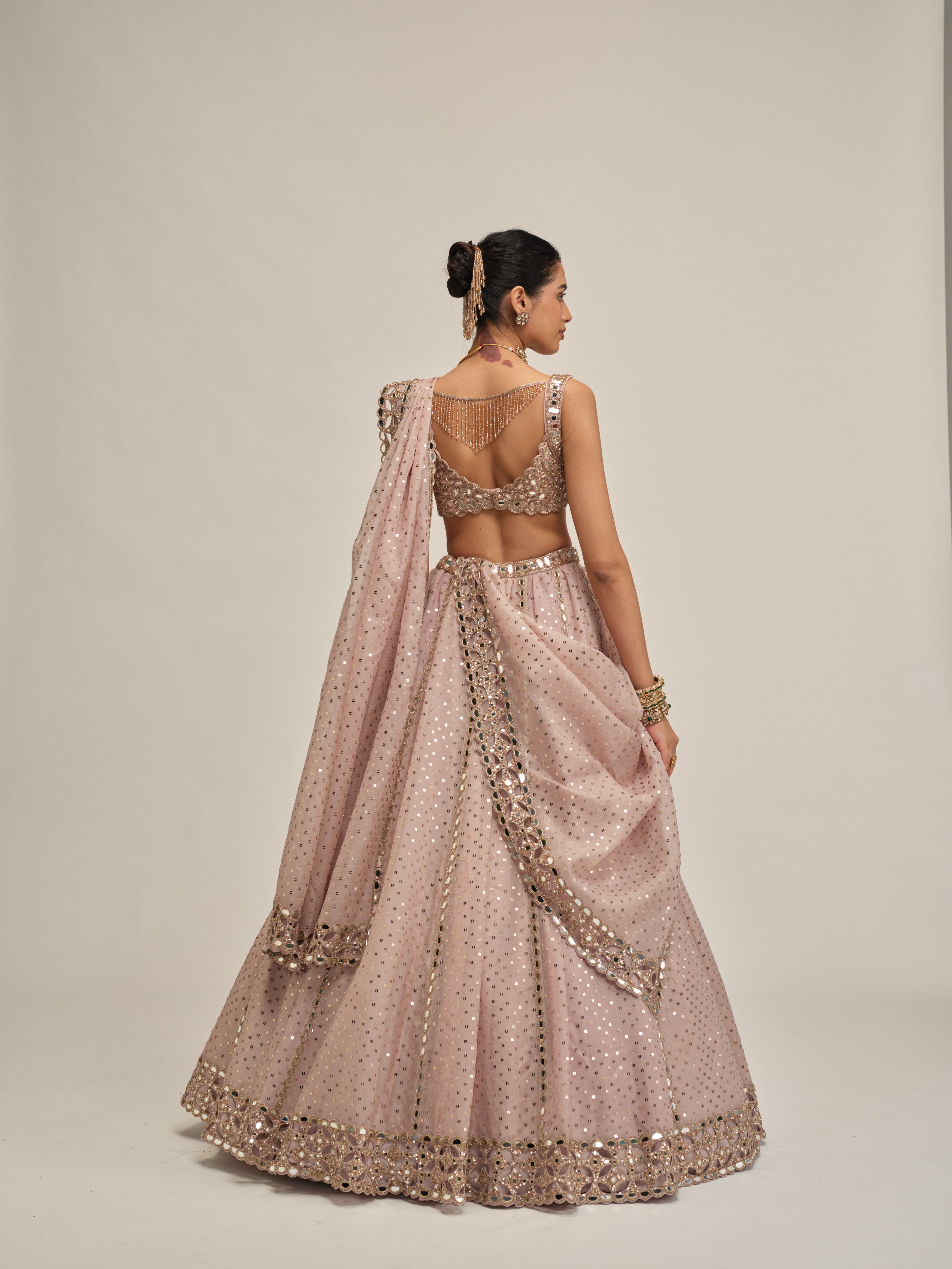 Ash Pink Linear Mirror Sequins Embroidered Lehenga Set