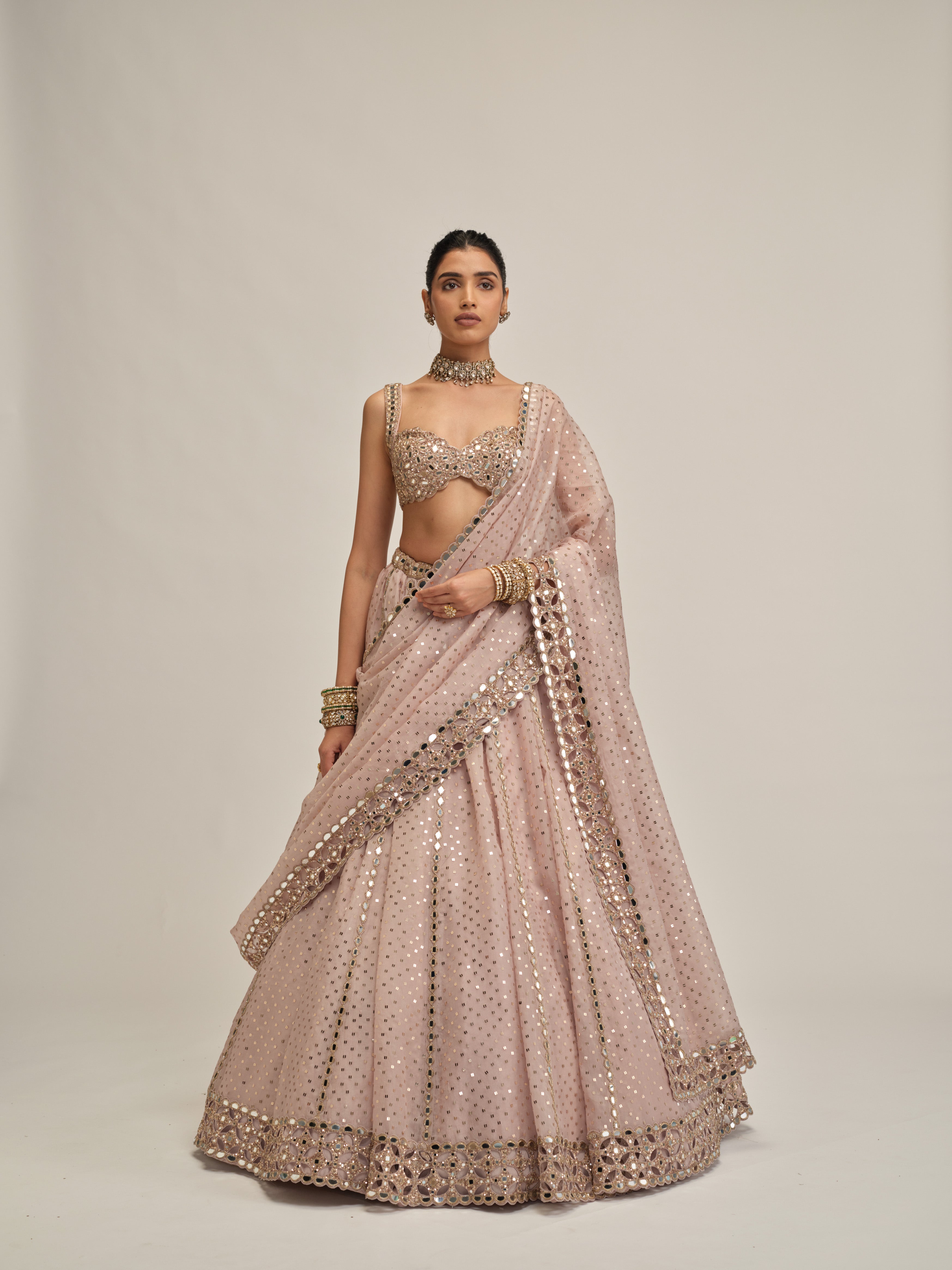 Ash Pink Linear Mirror Sequins Embroidered Lehenga Set