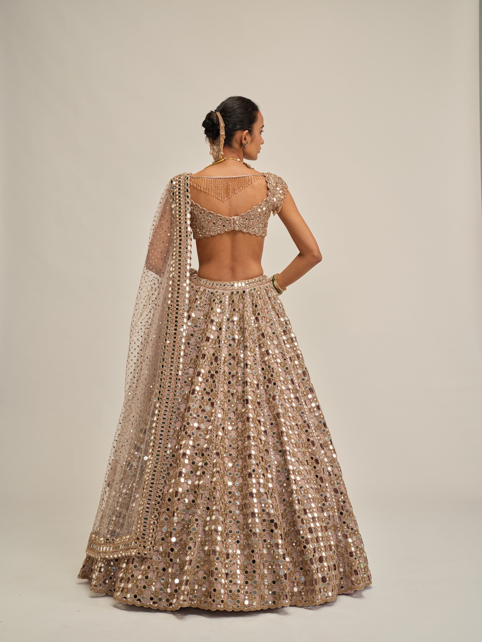 Ash Pink Dense Big Mirror Cutwork Lehenga Set