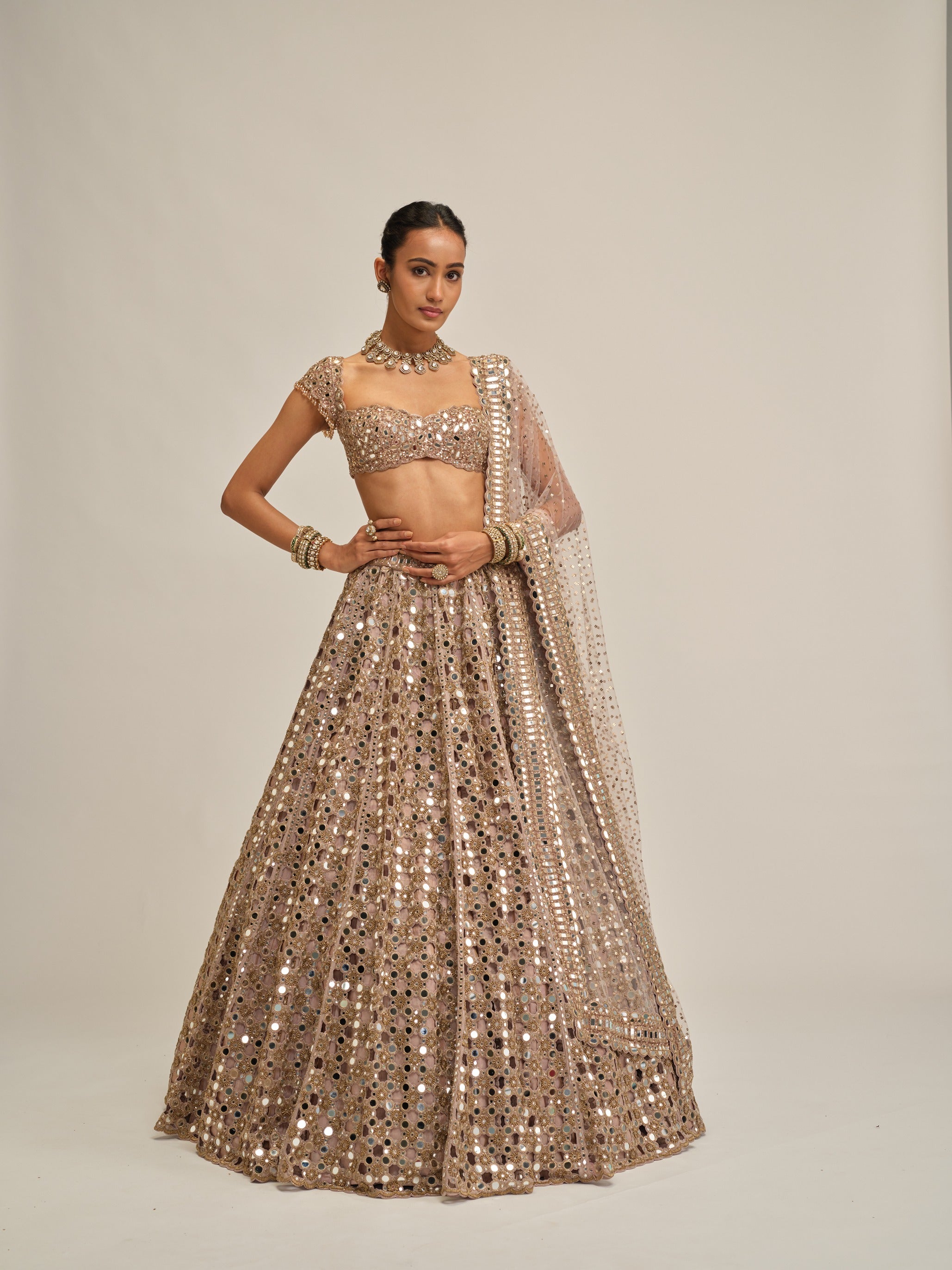 Ash Pink Dense Big Mirror Cutwork Lehenga Set