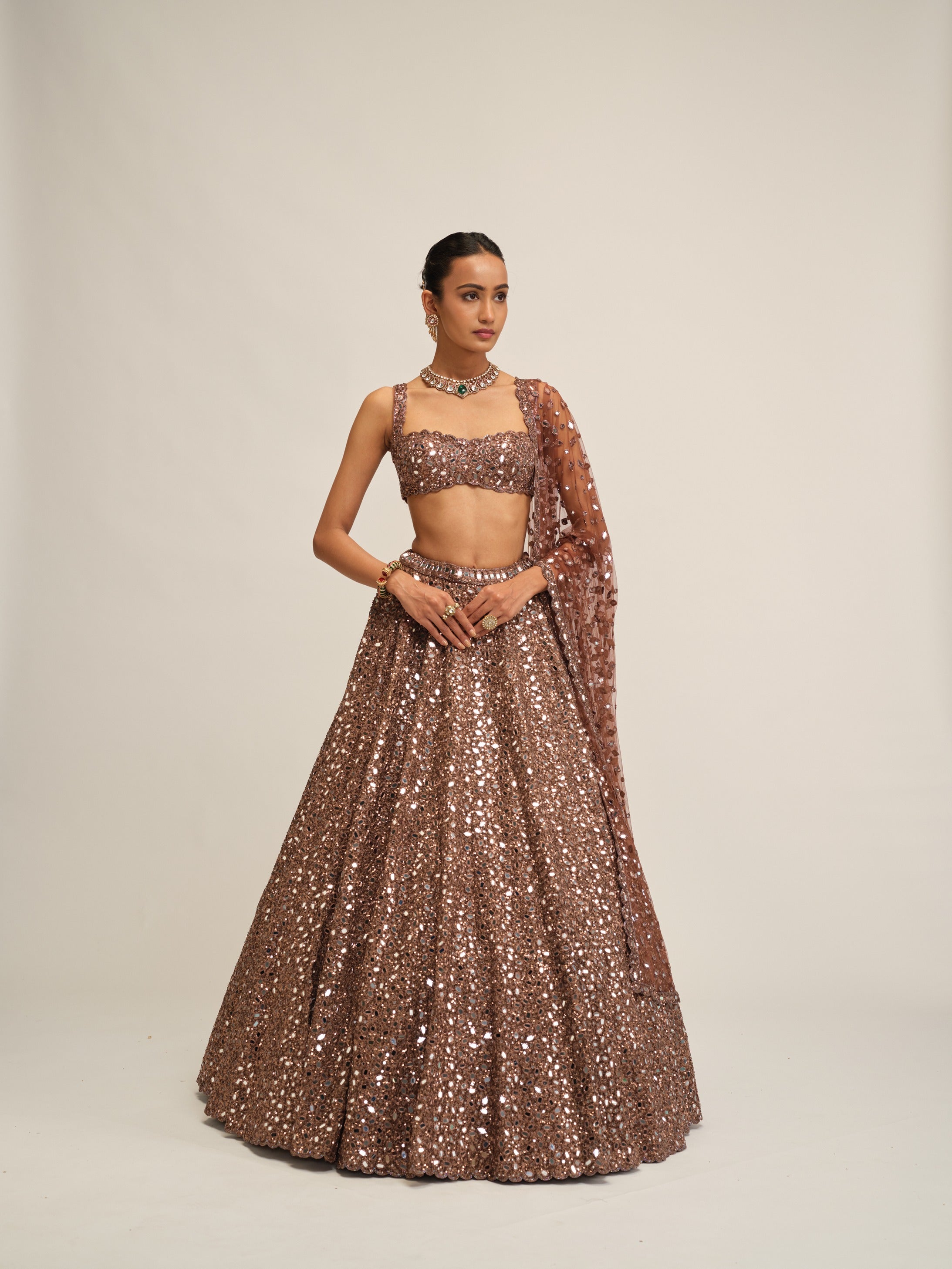 Deep Beige Mirror Embroidered Lehenga Set