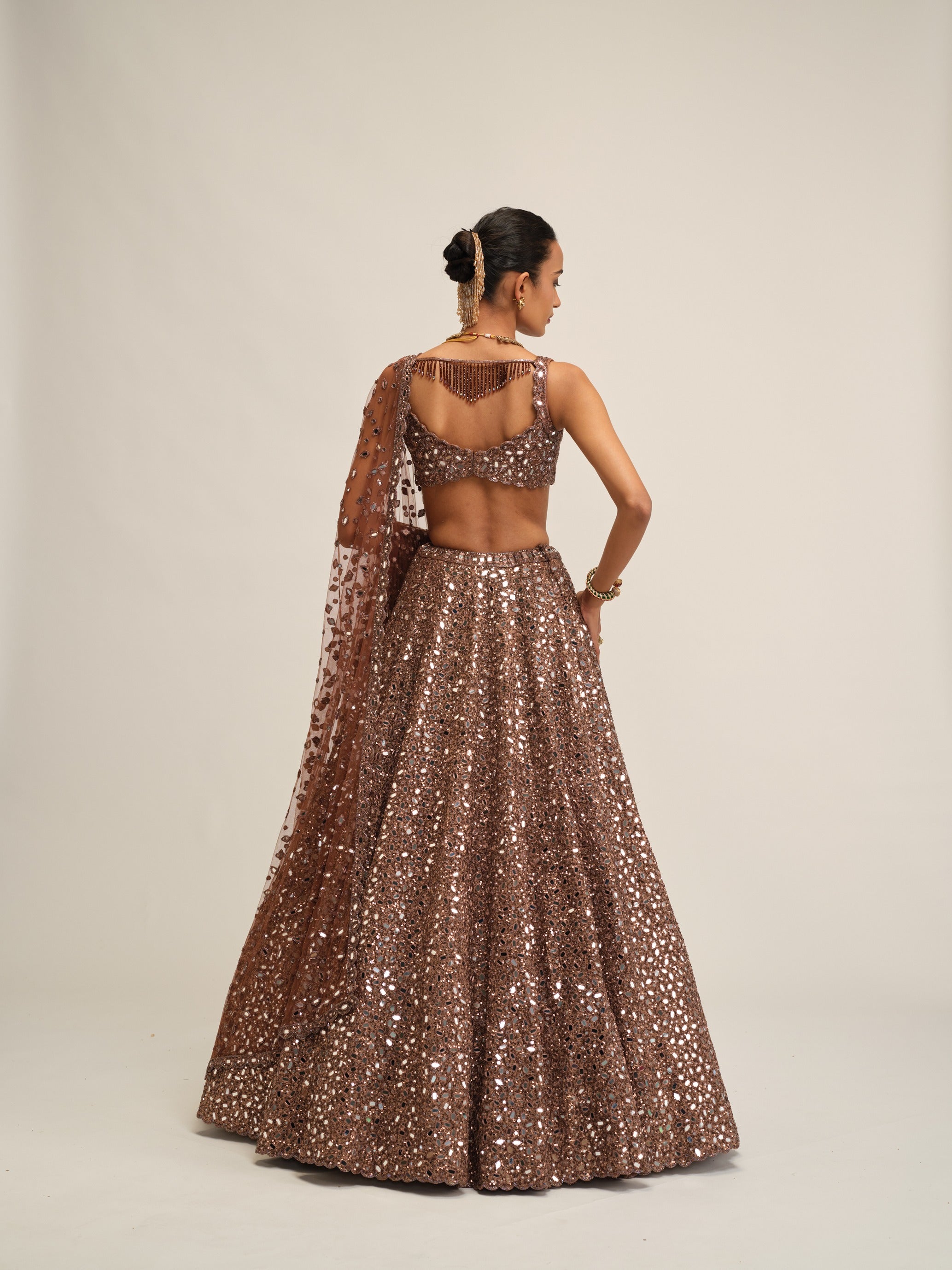 Deep Beige Mirror Embroidered Lehenga Set