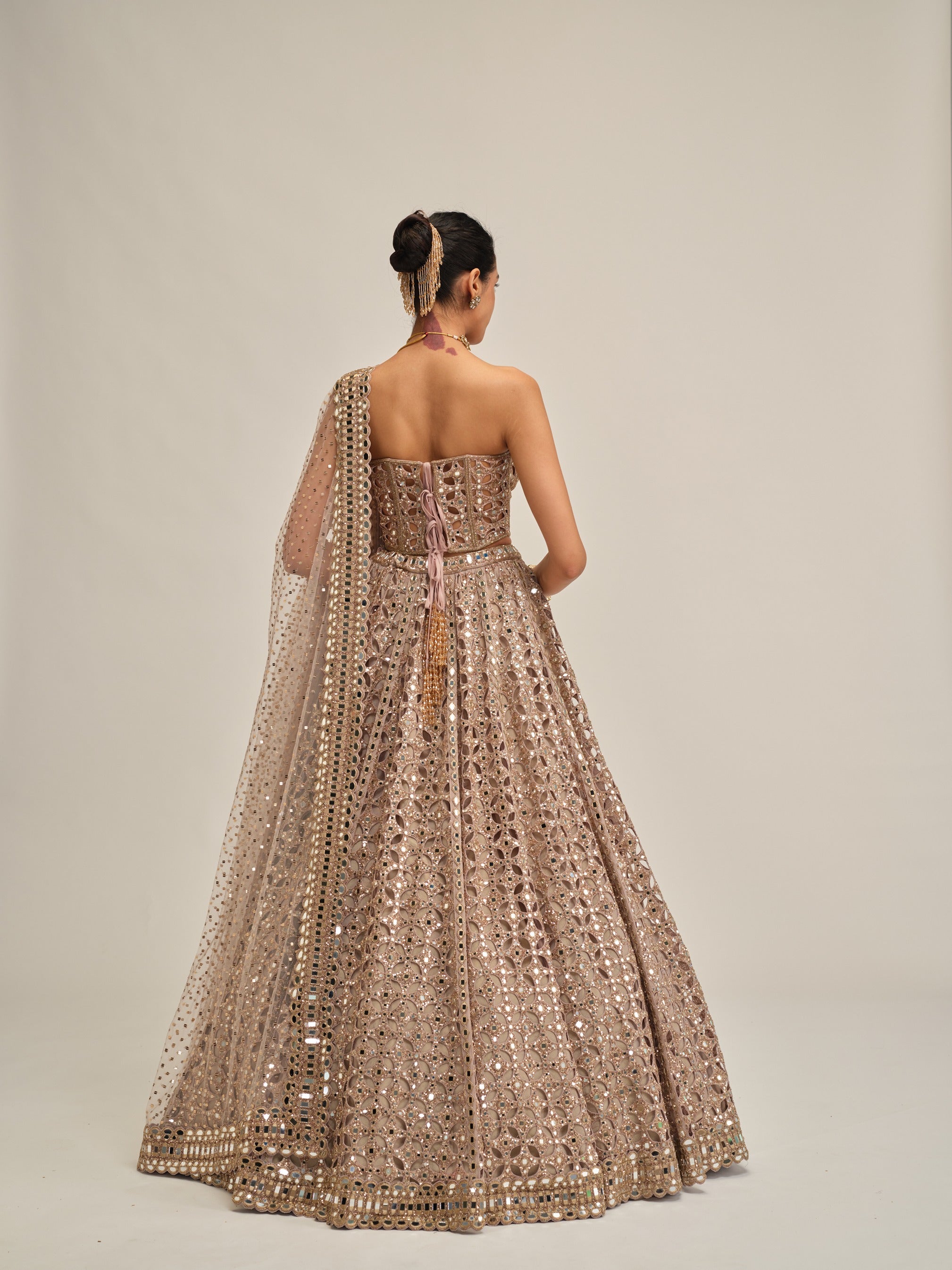 Ash Pink Circular Cutwork Lehenga With Corset Set