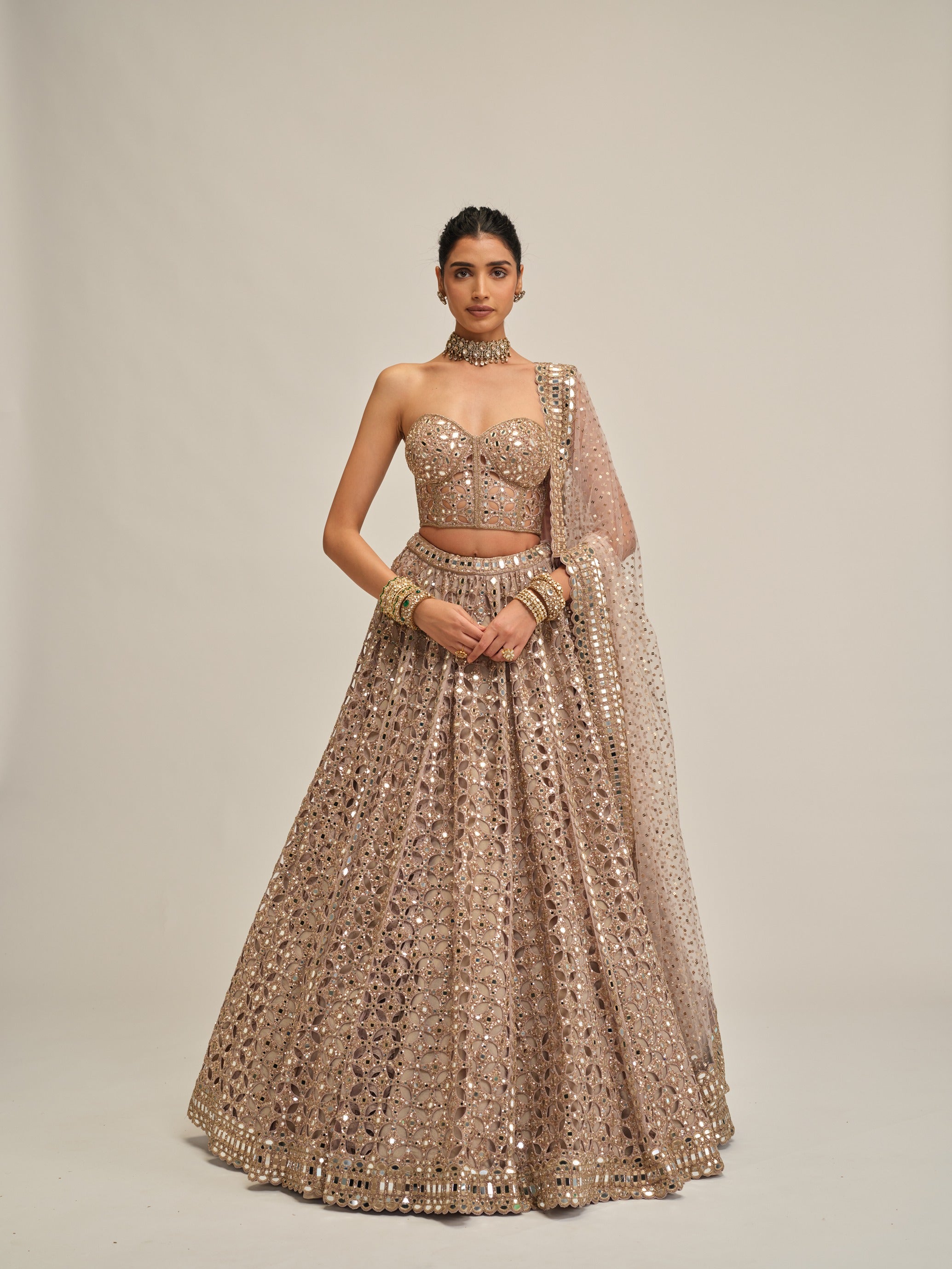Ash Pink Circular Cutwork Lehenga With Corset Set