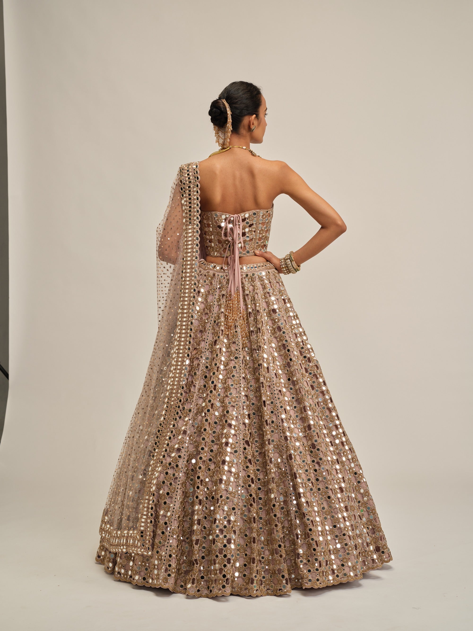 Ash Pink Dense Big Mirror Cutwork Lehenga With Corset Set