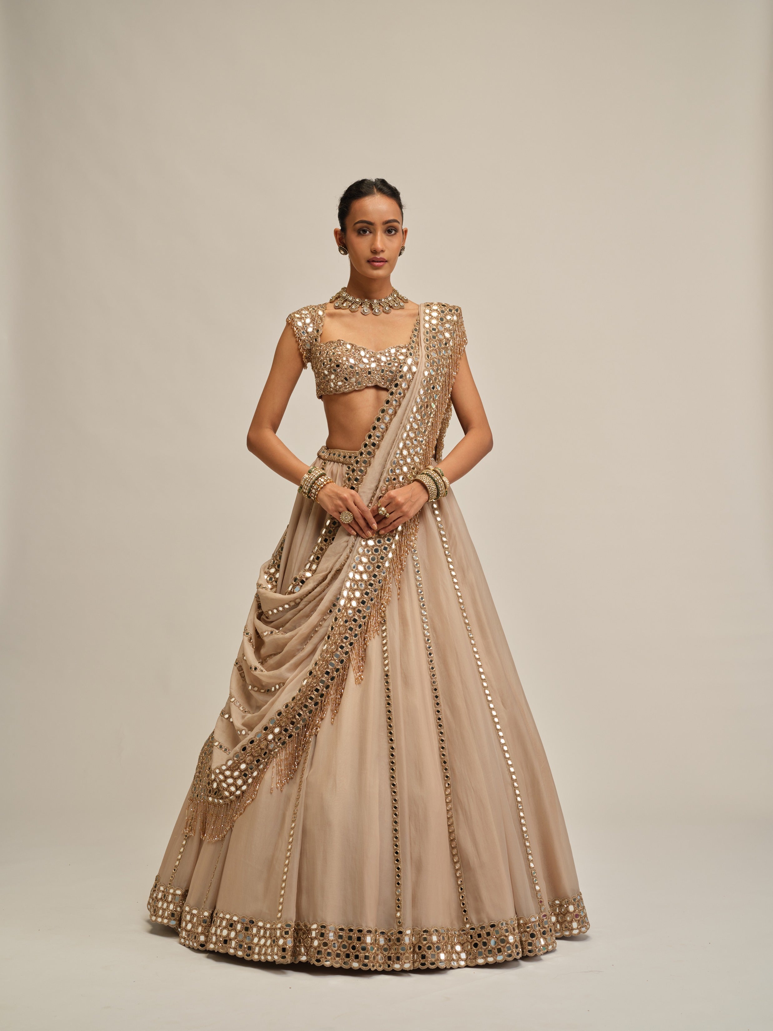 Light Beige Mirror Linear Embroiderd Lehenga Set