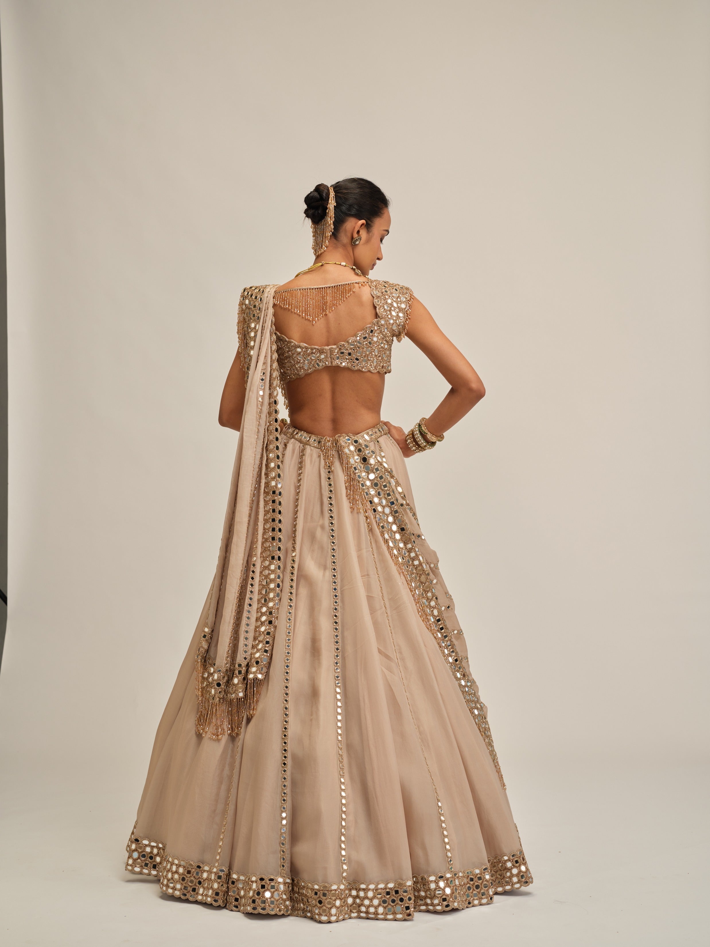 Light Beige Mirror Linear Embroiderd Lehenga Set