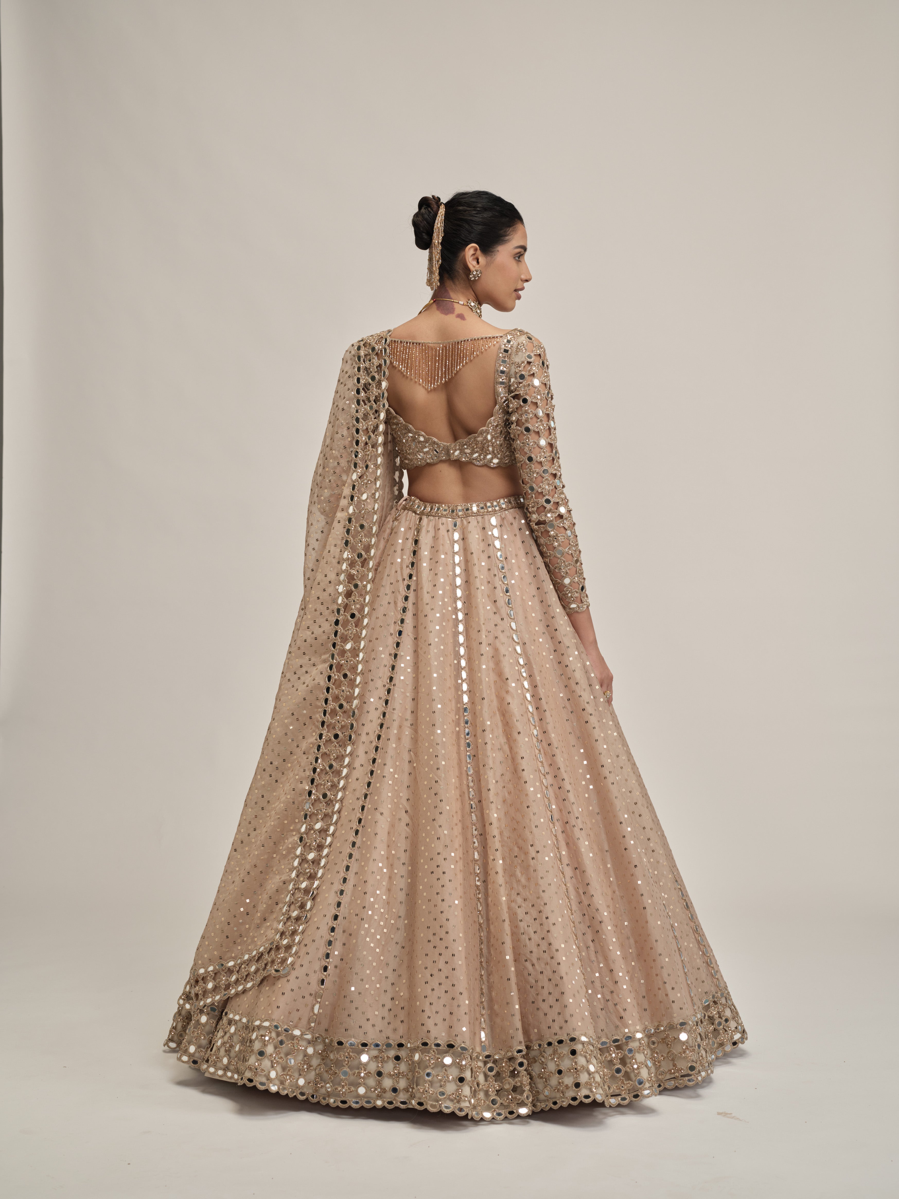 Light Beige Sequins Embroidered Full Sleeves Lehenga Set