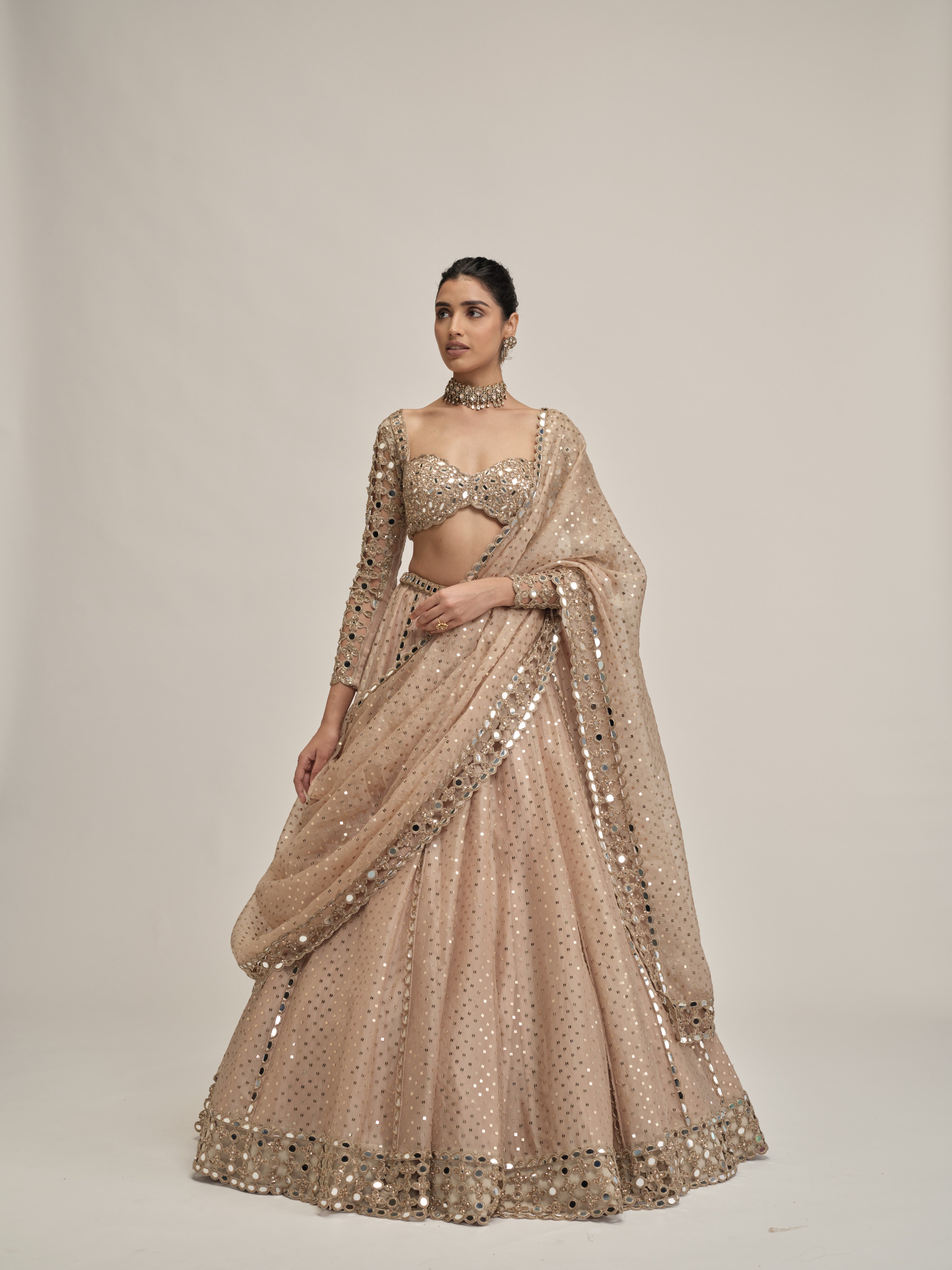Light Beige Sequins Embroidered Full Sleeves Lehenga Set
