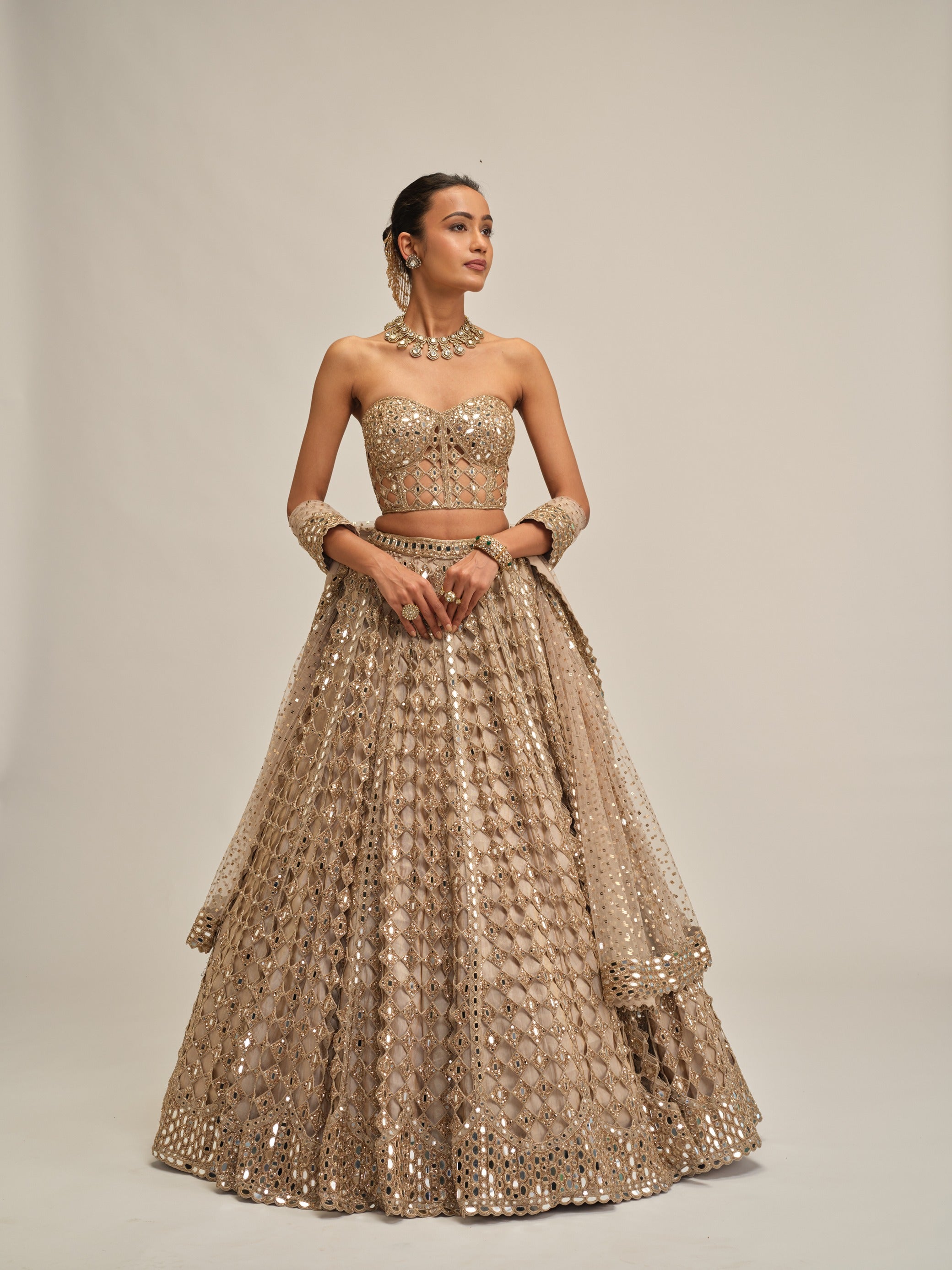 Light Beige Big Mirror Cutwork Lehenga With Corset Set