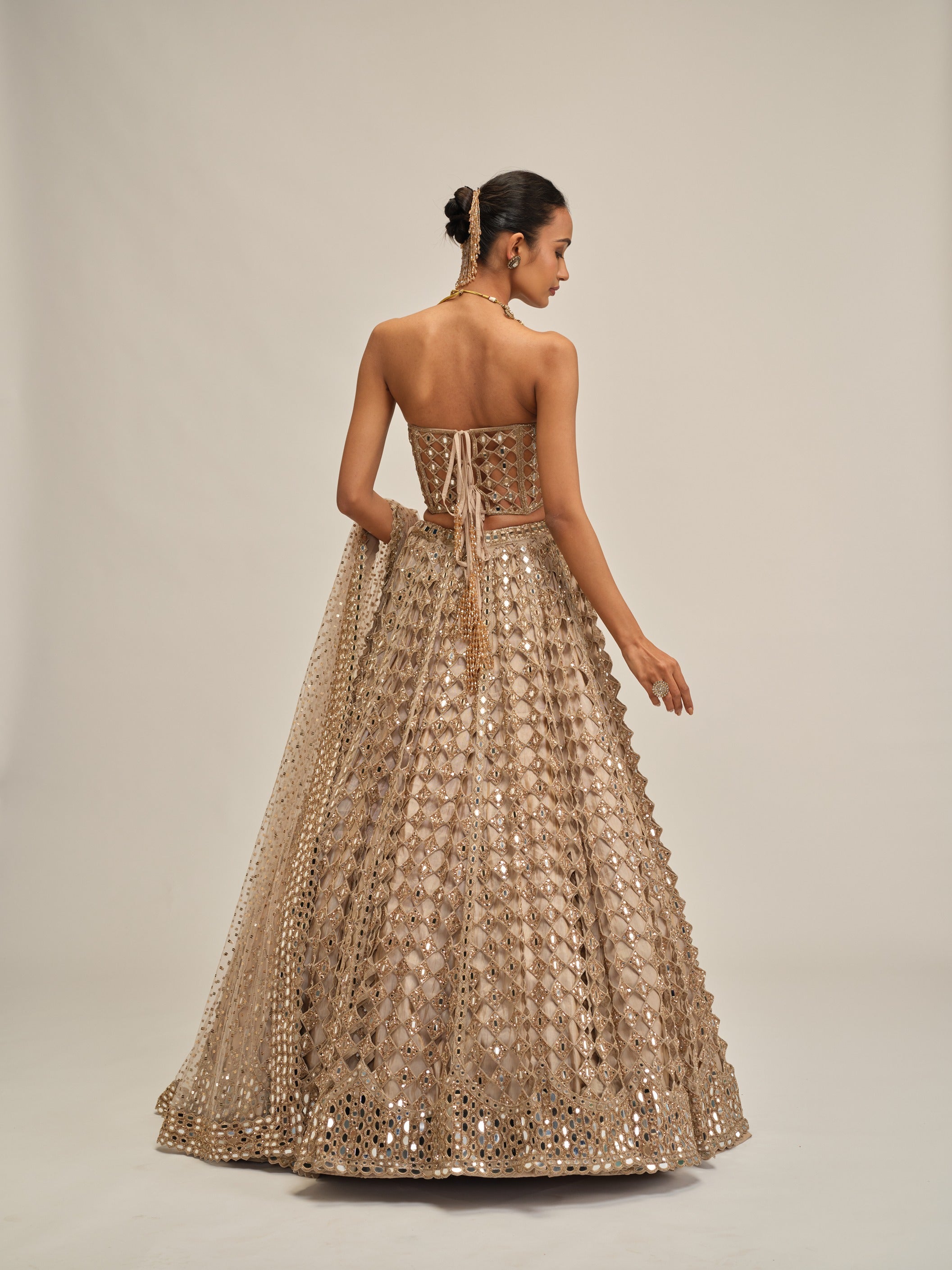 Light Beige Big Mirror Cutwork Lehenga With Corset Set